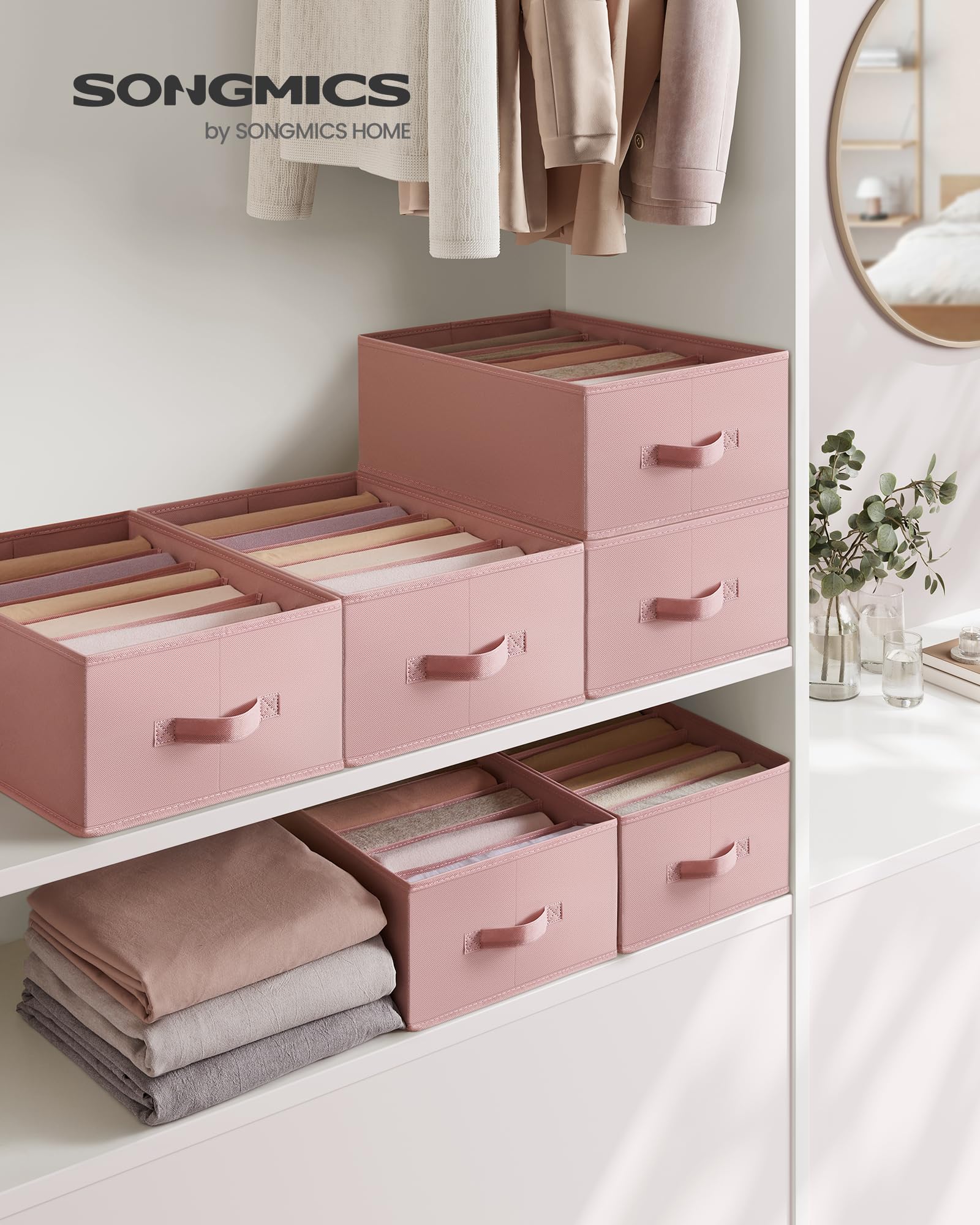 SONGMICS Set of 4 Large Size Wardrobe Clothes Organizers, 6-Compartment Foldable Drawer Organizers with Handles, 16.5 x 11.8 x 6