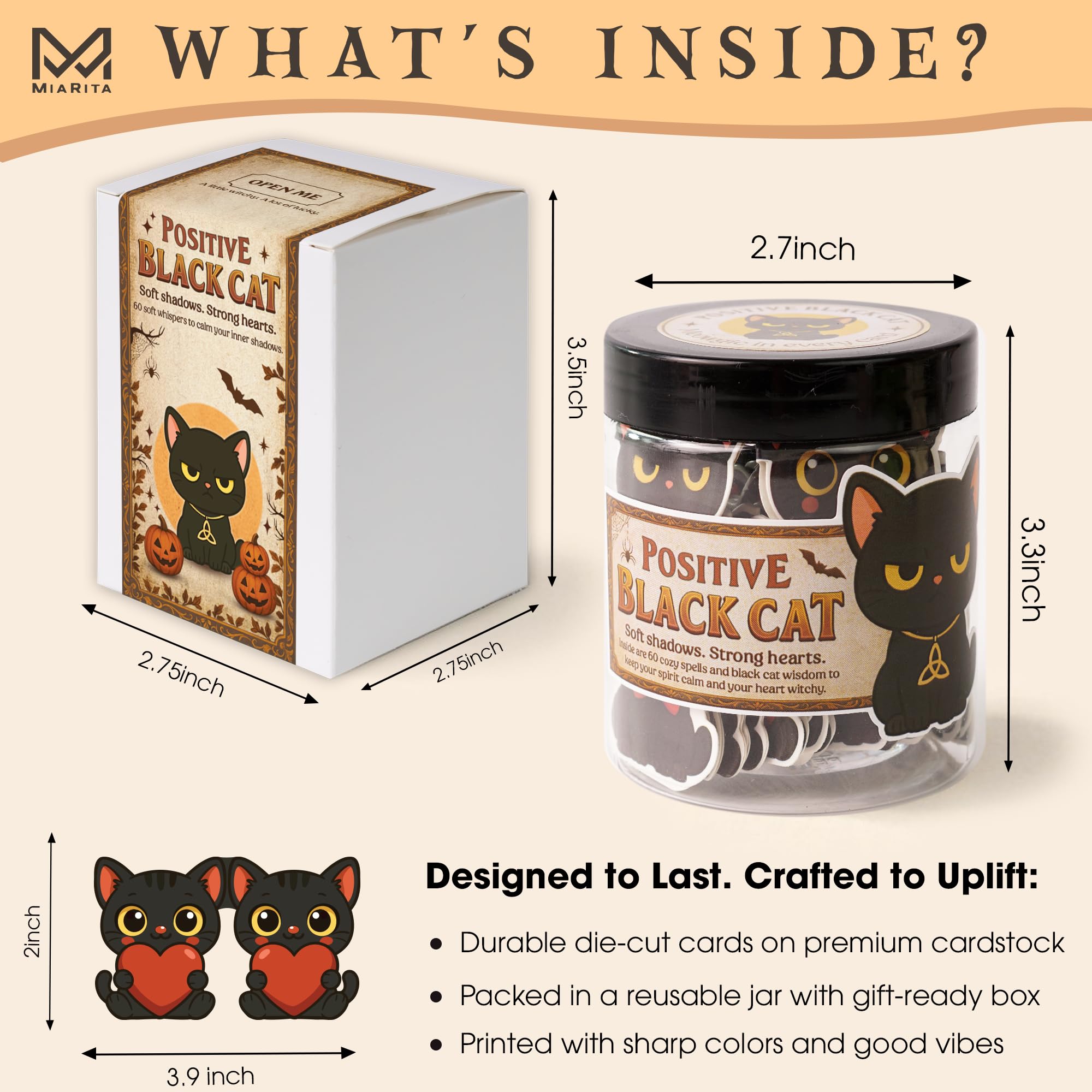 Miarita Positive Black Cats Jar - 60 Affirmation Cards for Anxiety & Self Care, Black Cat Halloween Gifts for Women, Kids, Teens