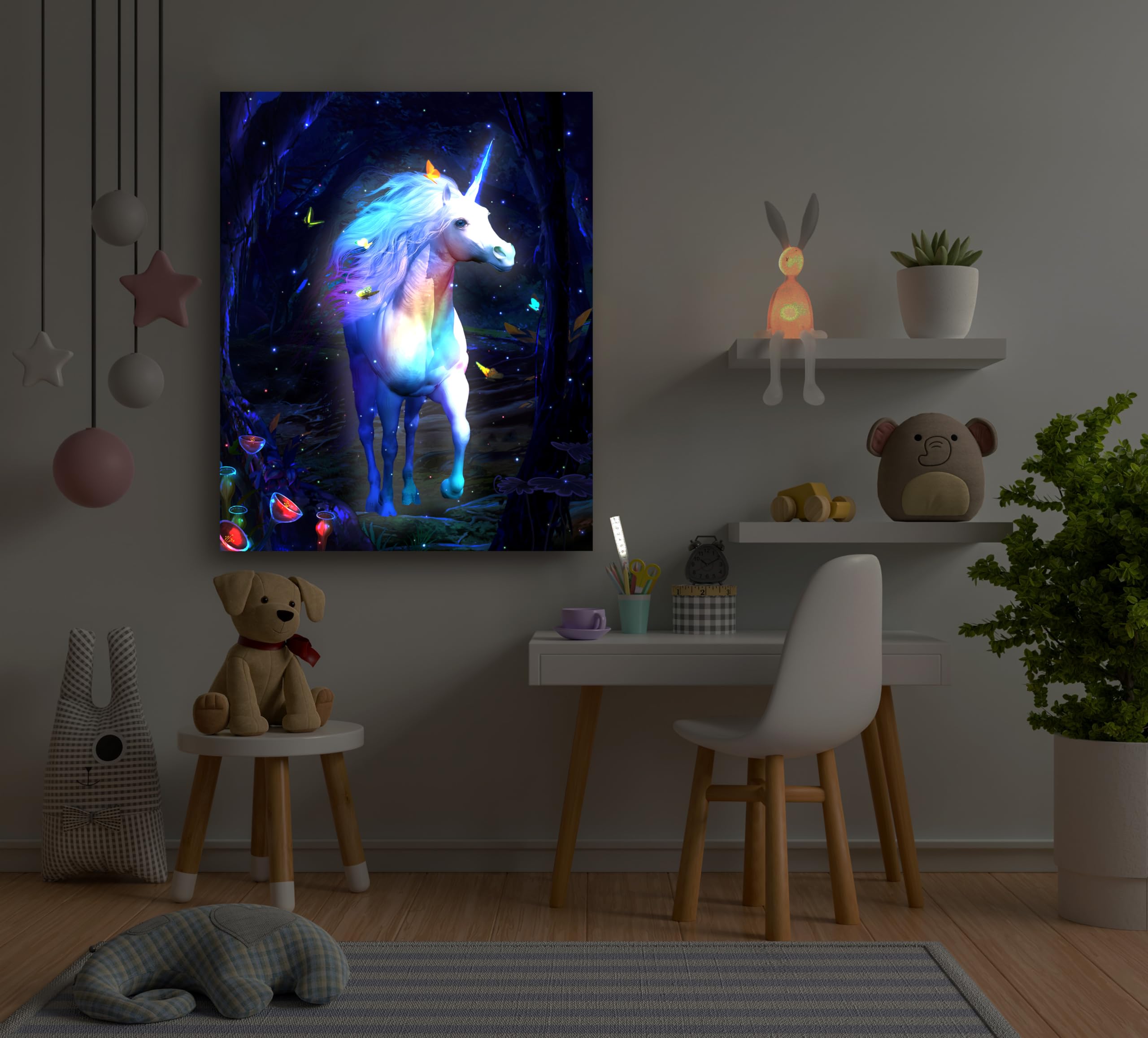Dohwa Blingco Unicorn Lighted Canvas Wall Art Led Framed Picture With Timer, Battery Operated Poster Anxiety Relief Bedroom Deco