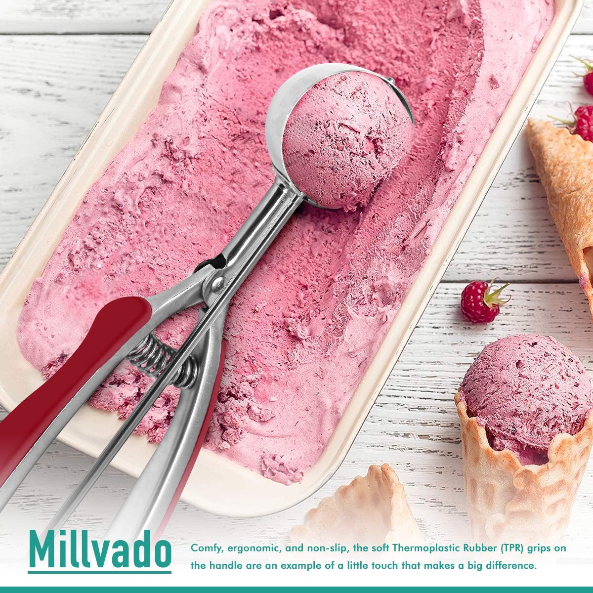 Millvado Stainless Steel Ice Cream And Cookie Millvado 3 Pack Stainless Steel Ice Cream And Cookie Scoops | With Red Rubber Grip