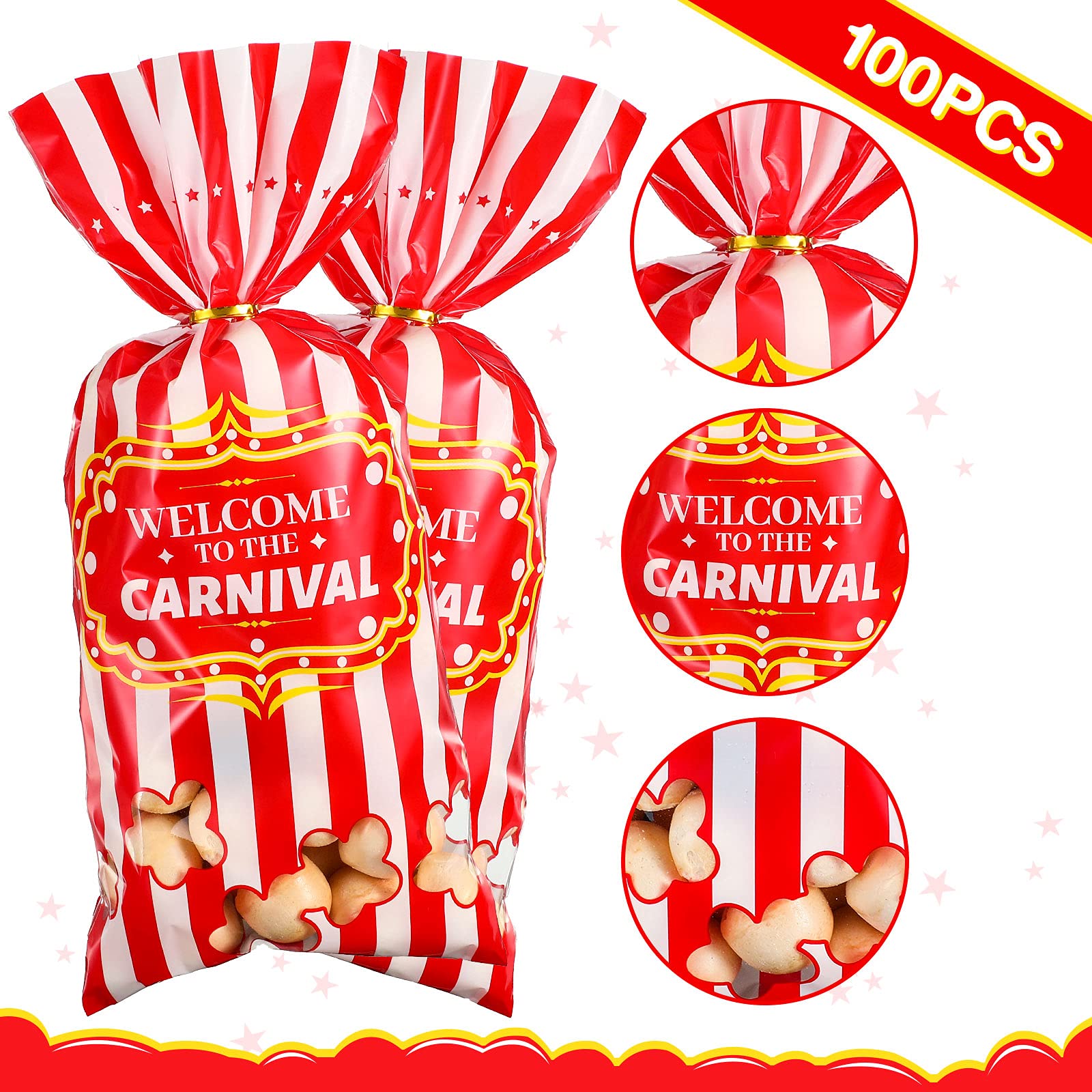 Carnival Candy Bags Circus Plastic Bags Carnival Party Treat Bags Popcorn Pattern Party Bags Goody Bags With 100 Gold Twisted Ti