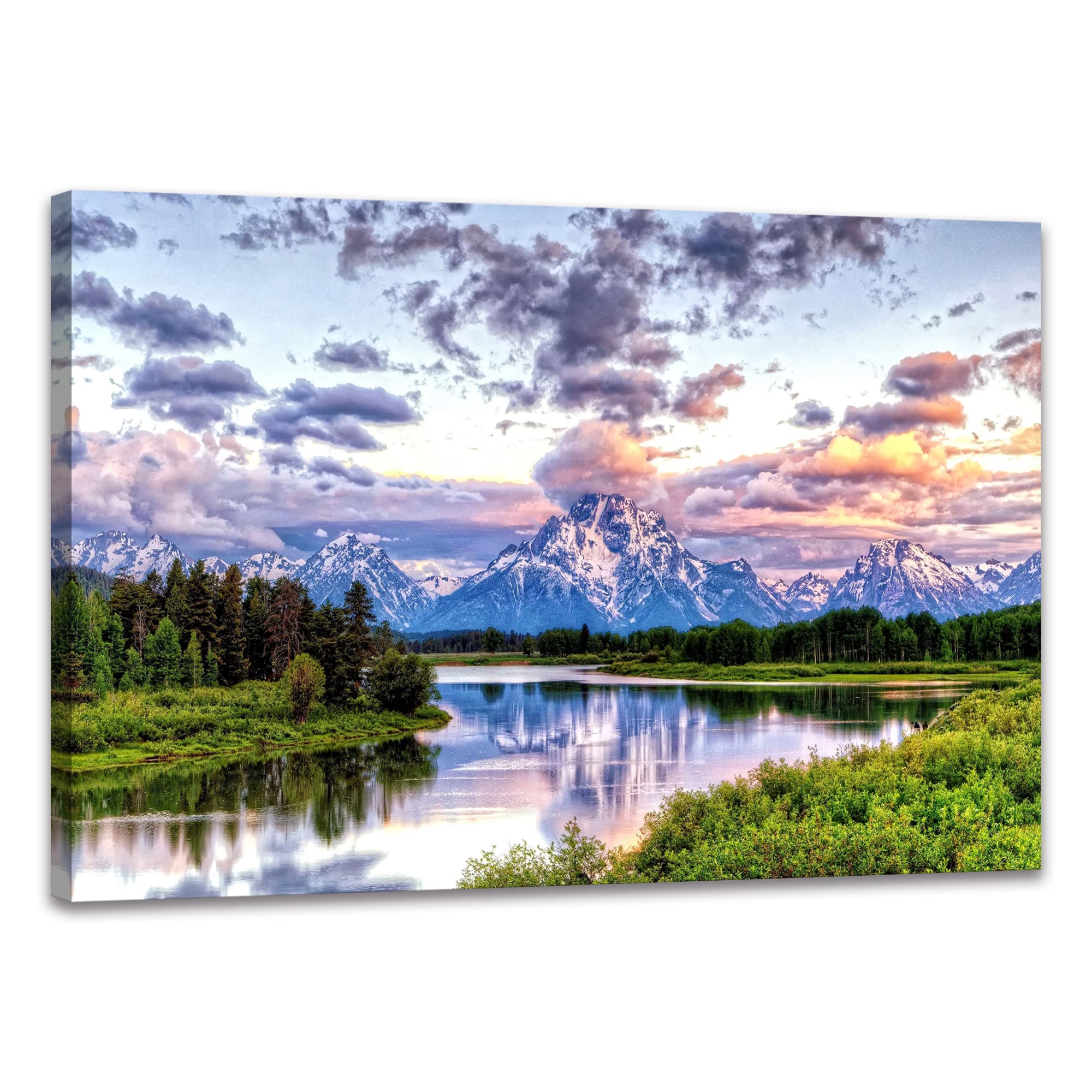 Skasnfai Mountain Wall Decor Canvas Painting Grand Teton Wall Art Oxbow Bend National Park Landscape Poster Artwork Framed Pictu
