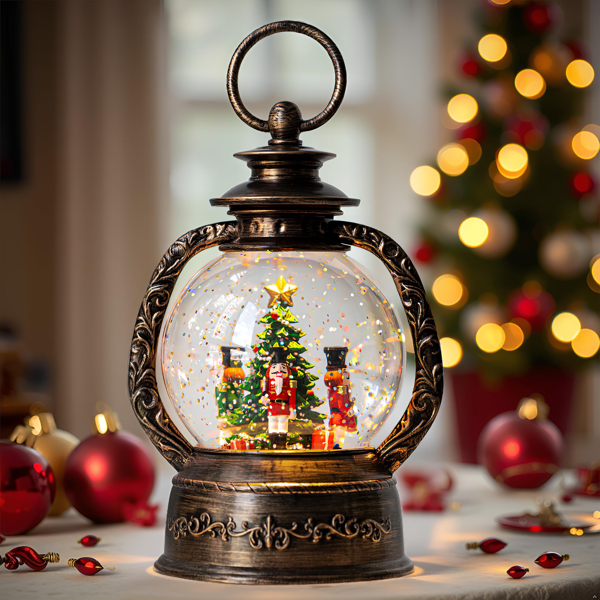 Christmas Snow Globe Lantern Water Glittering Nutcrackers with Music & Timer, USB Lined/Battery Operated Lighted Lantern for Chr
