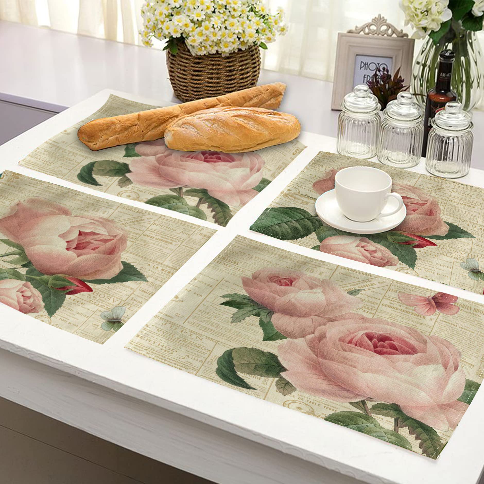 Rose Flower Table Mats Set Of 4 Vintage Shabby Chic Peach Pink Rose Floral Placemats Waterproof Heat Resistant Washable Non-Slip