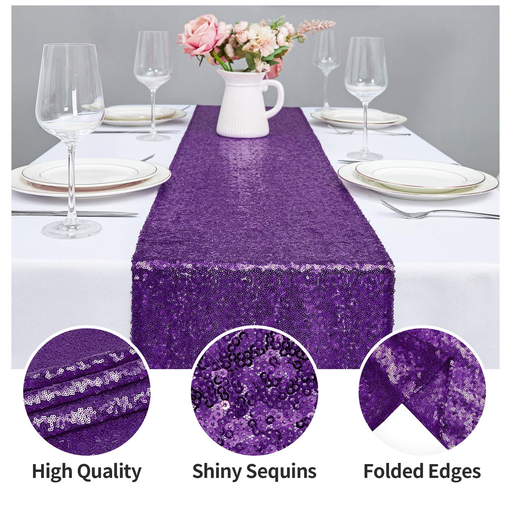 6Pcs 12X72 Inch Sequin Table Runner Purple Glitter Table Runner For Party, Wedding, Bridal Baby Shower, Event Decorations(6Pcs,
