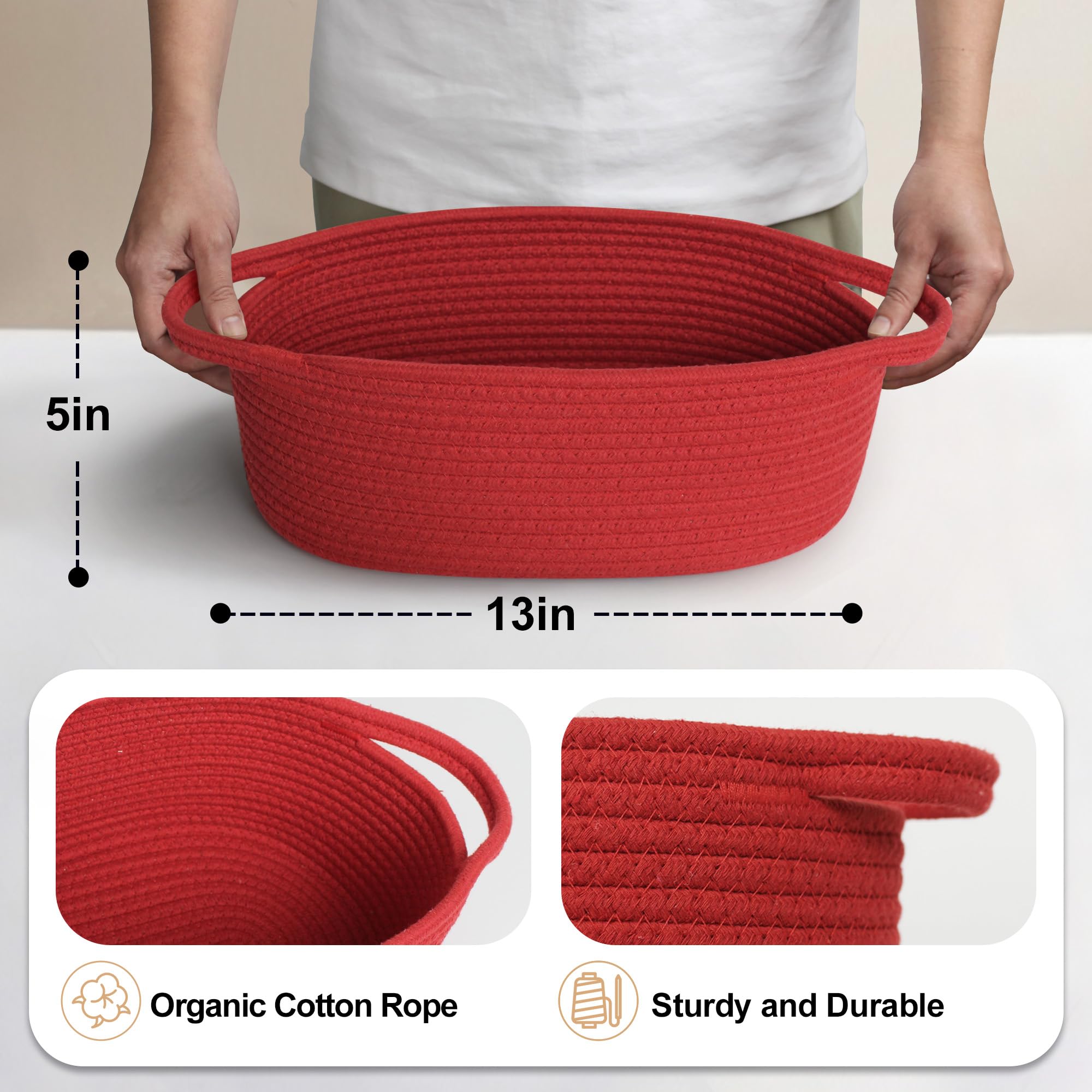 MEGASKET Red Woven Basket, 13 x 9 x 5 Baskets for Gifts Empty, Cute Cotton Rope Cat Dog Toy Bin Box, Small Woven Bin for Organiz