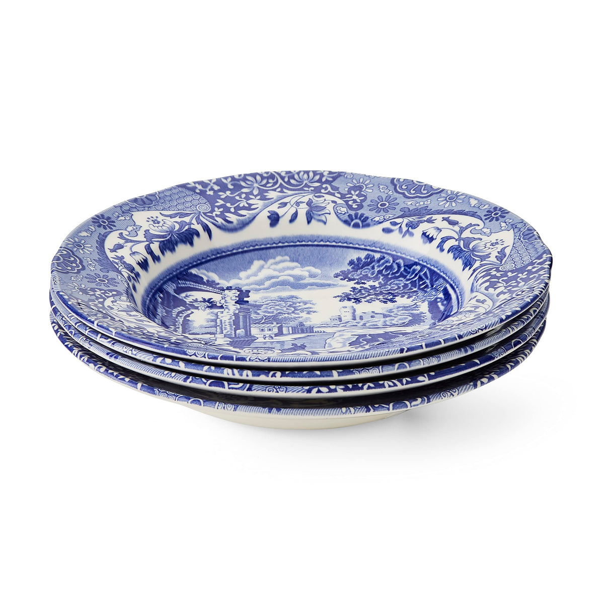 Portmeirion Spode Blue Italian Soup Bowls | Set Of 4 | 9Inch | Soup, Pasta, And Salad Serving Bowls | Round, Wide Rim Bowl | Mic