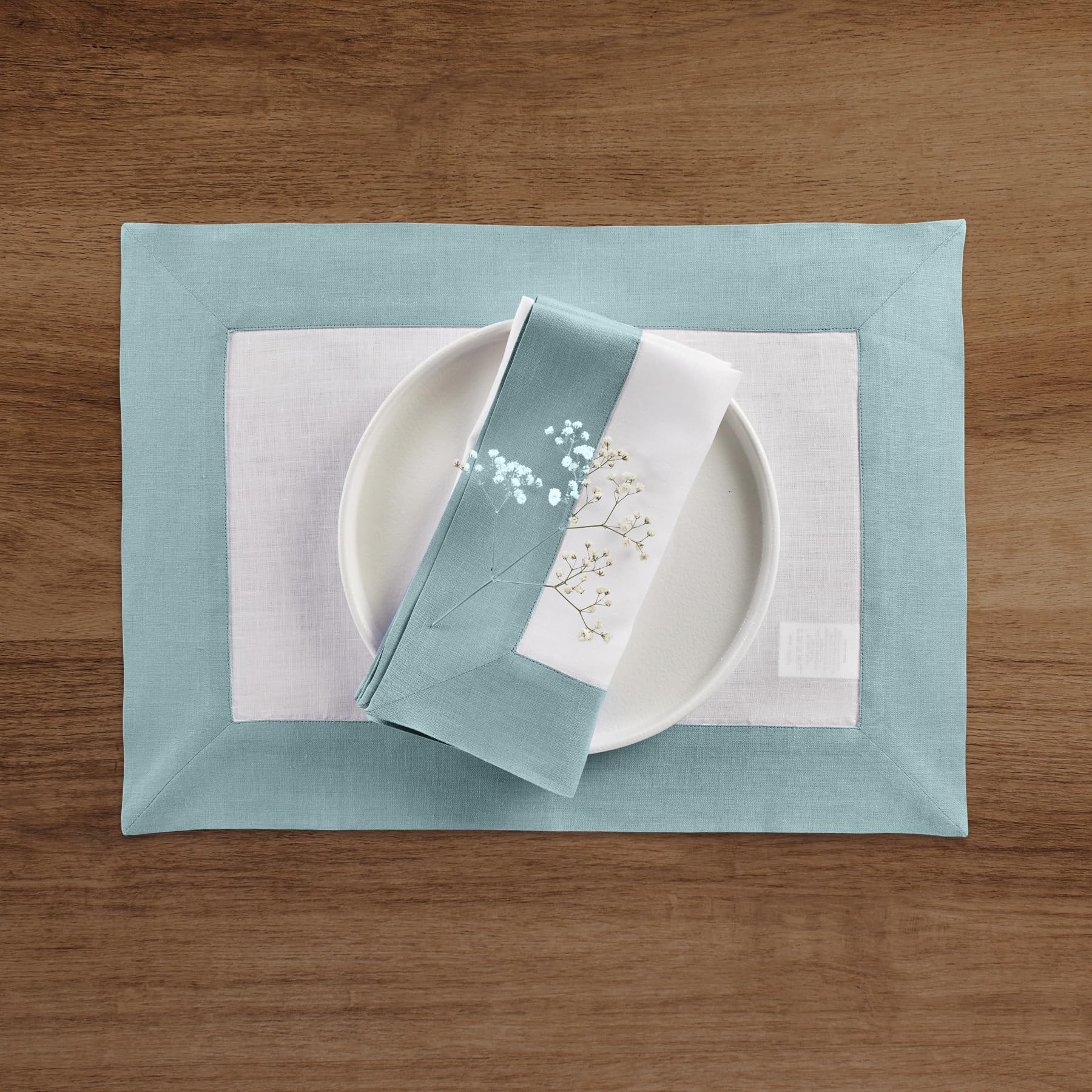 Solino Home Linen Dinner Napkins 20 X 20 Inch - 100% Pure Linen Aqua Blue And White Cloth Napkins Set Of 4 - Contempo, Handcraft