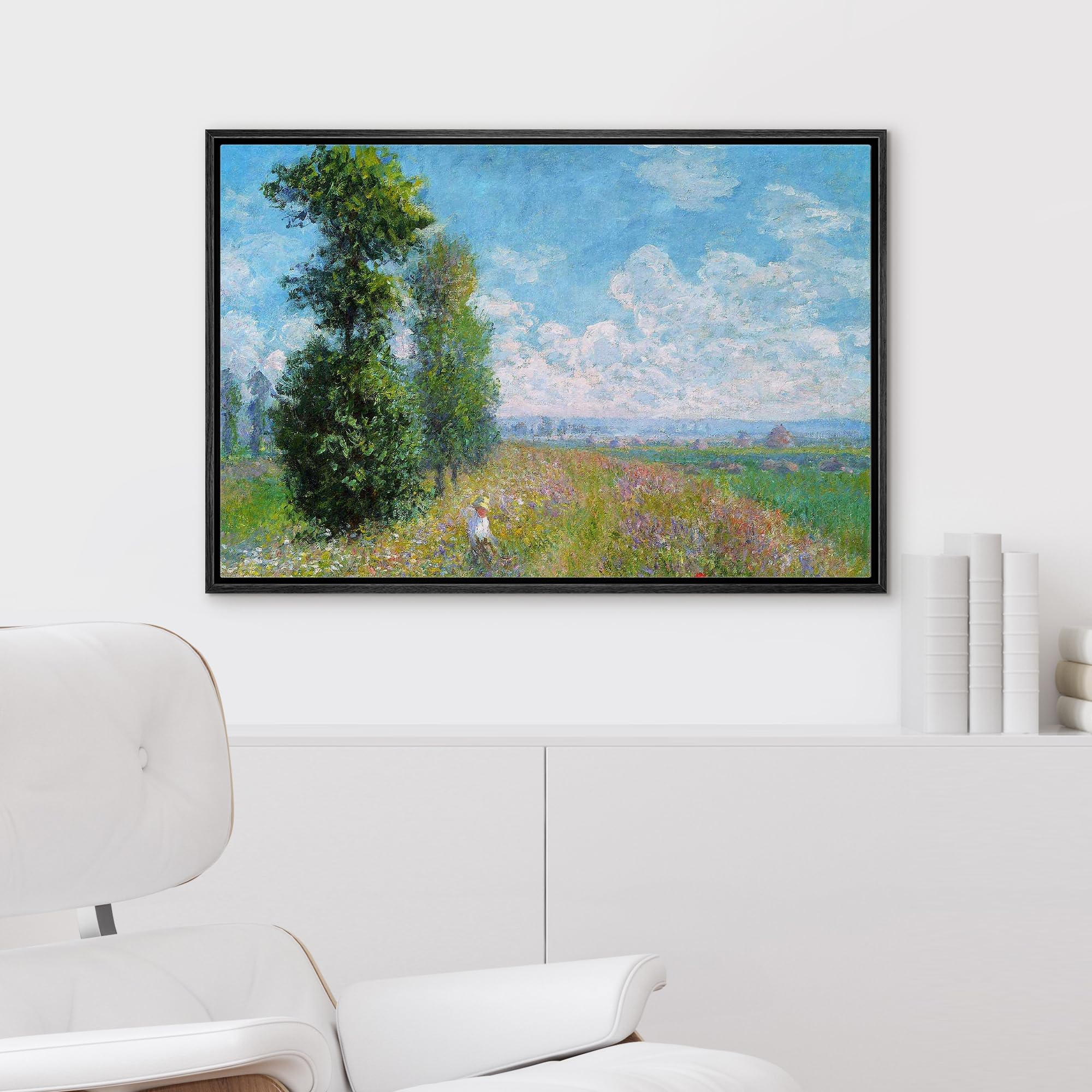 Wall26 Meadow With Poplars By Claude Monet - Impressionist Modern Art - Framed Canvas Art Home Art - 16''X24'' Black