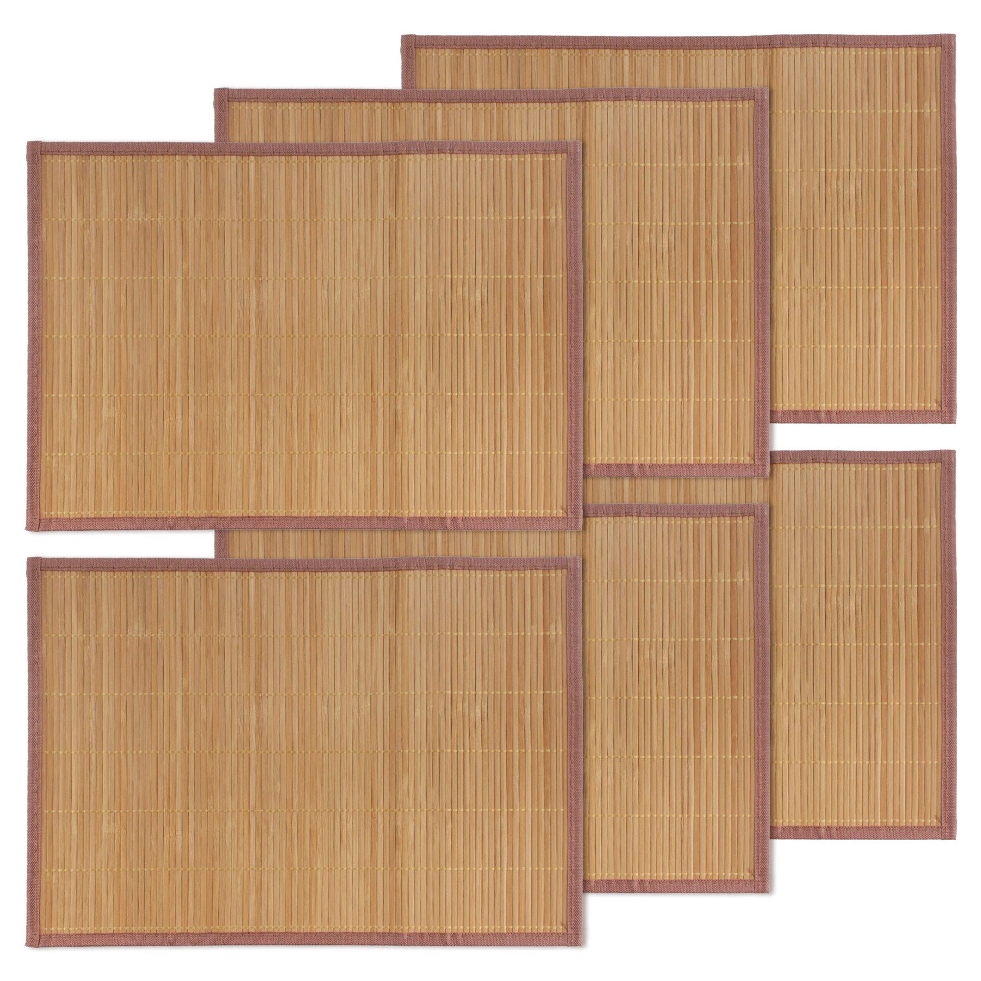 Bamboomn Bamboo Slat Placemat With Brown Fabric Border - Solid Color Print - 18'' X 13'' - Carbonized Brown - 6Pc