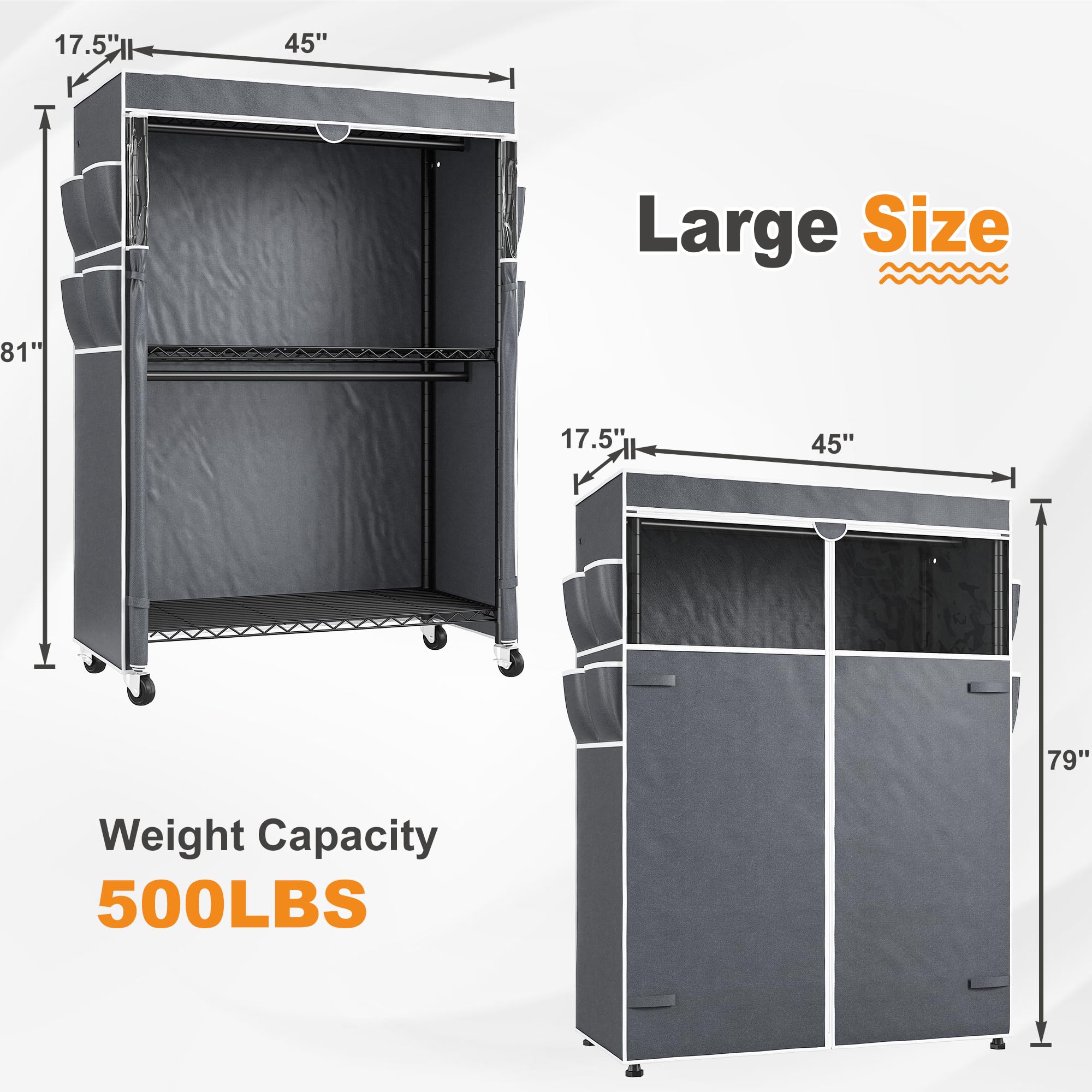 Raybee Heavy Duty Clothes Rack With Cover, 81'' H Clothing Racks For Hanging Clothes With Wheels And Adjustable Feets, Portable