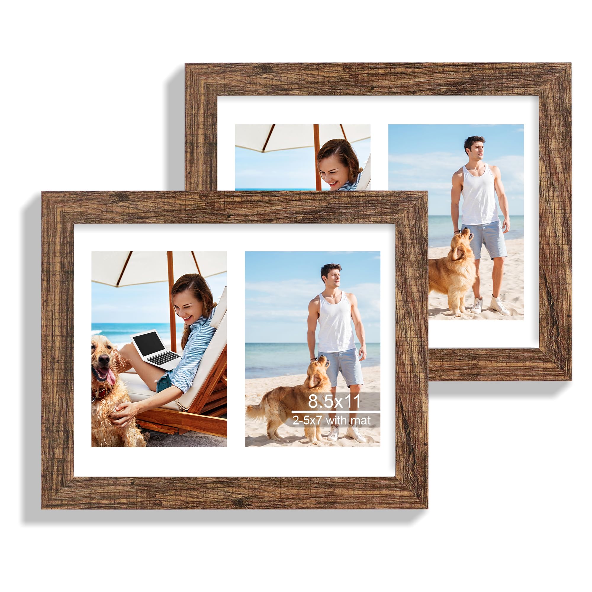Hongkee 8.5x11 Picture Frame Set of 2, Rustic Brown Certificate Document Frames with Glass Collage Frame, Display Pictures 2-5x7