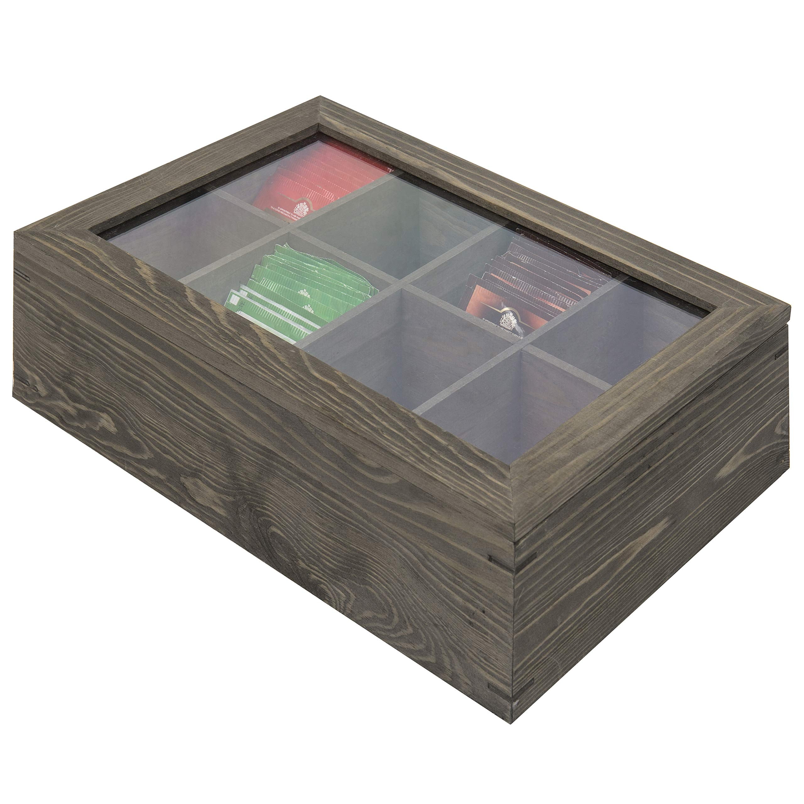 Mygift Vintage Gray Wood Tea Bag Holder Storage Box With 8 Compartments And Clear Lid