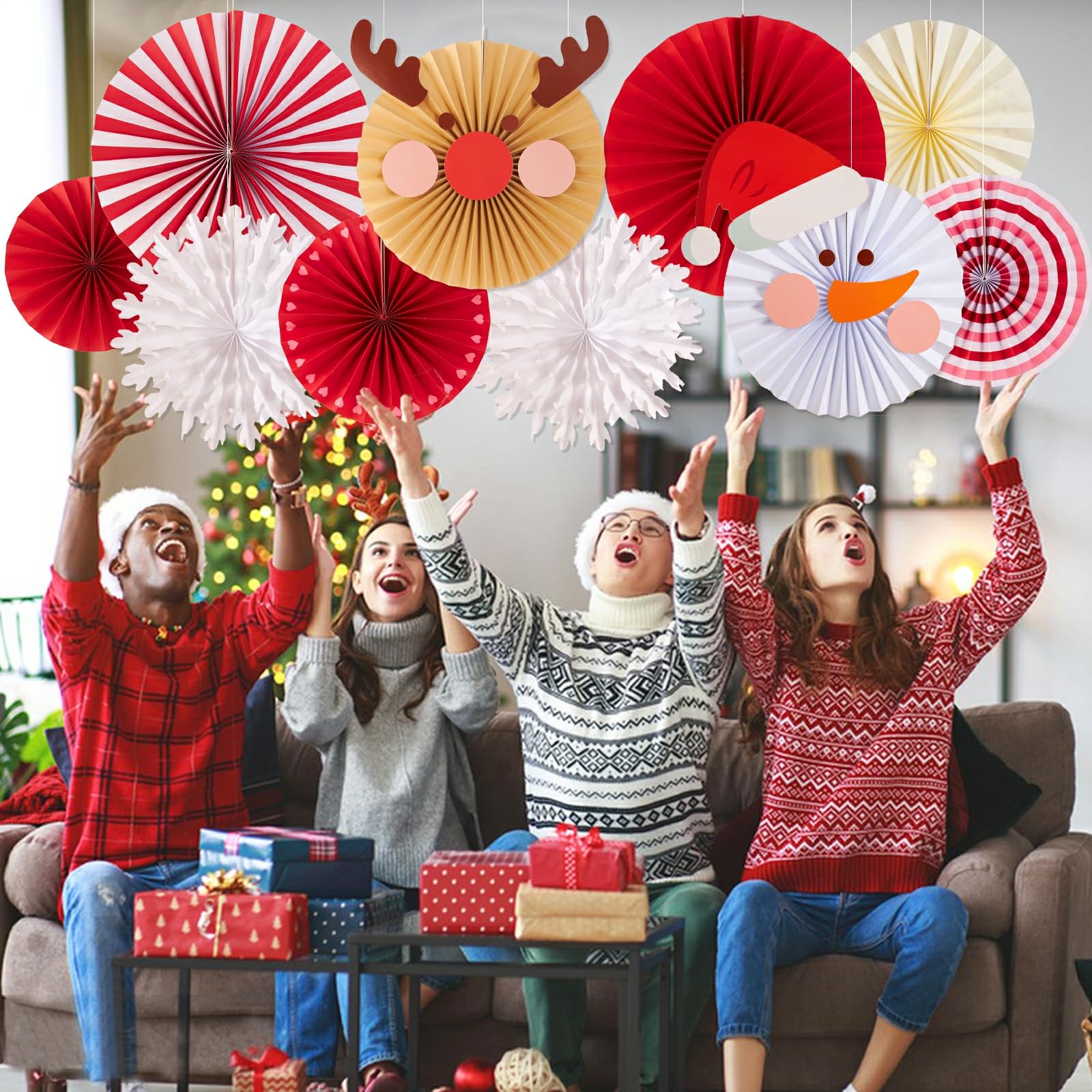 Christmas Hanging Paper Fans Decoration Red White Xmas Snowman Party Ceiling Hangings Deco Elk Tissue Paper Fans Decoration Set