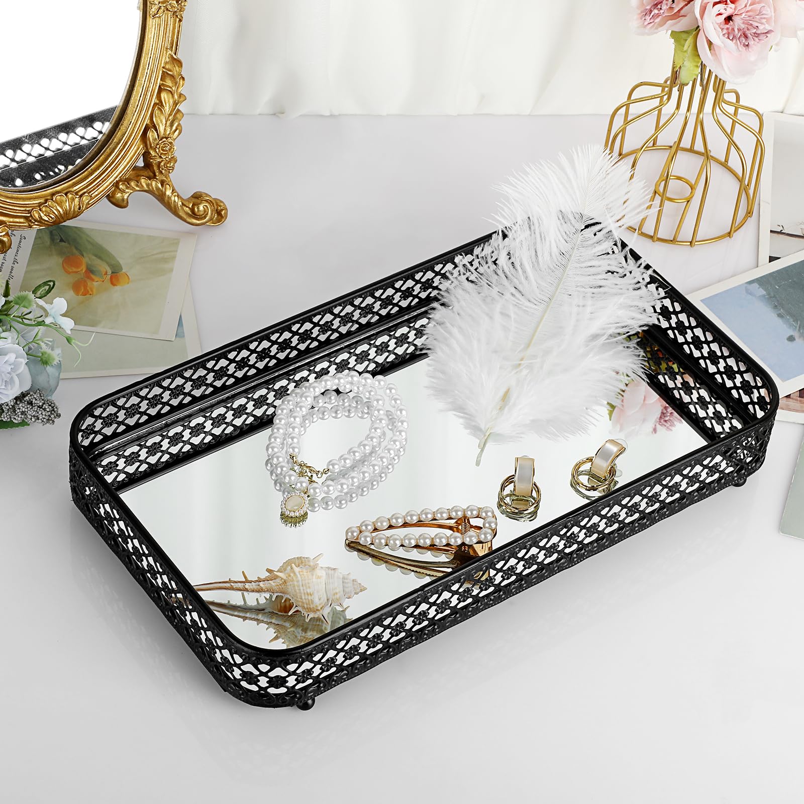 ELLDOO Black Perfume & Makeup Vanity Tray - Hollow-Carved Jewelry Storage, Glass & Metal Trinket Organizer for Dresser & Bathroo