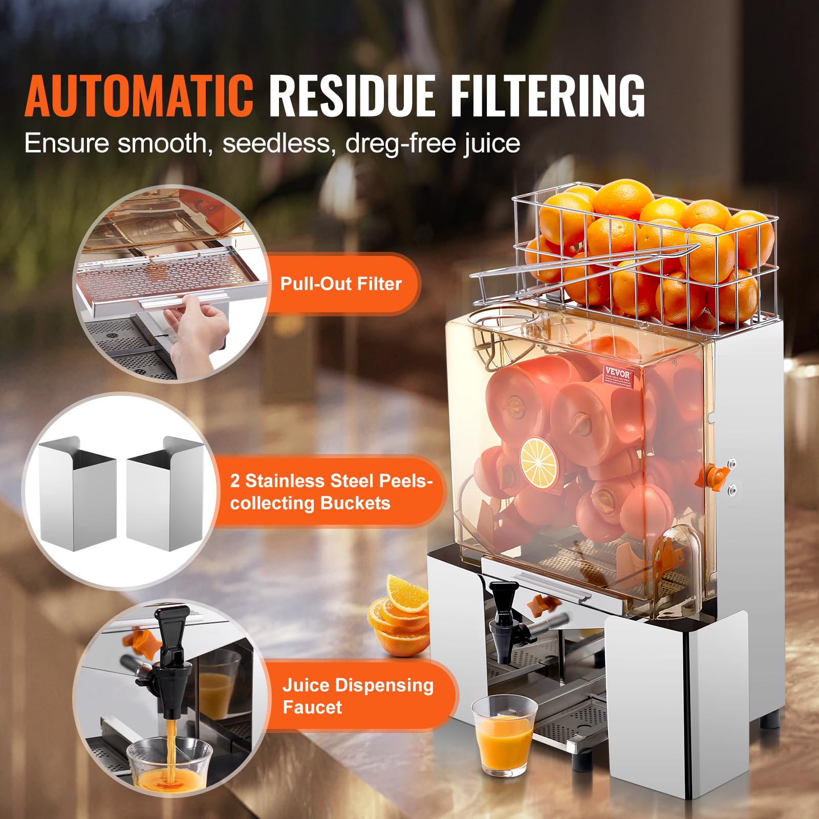 Vevor Commercial Orange Juicer Machine, 120W Automatic Juice Extractor With Water Tap, Stainless Steel Orange Squeezer 20 Orange
