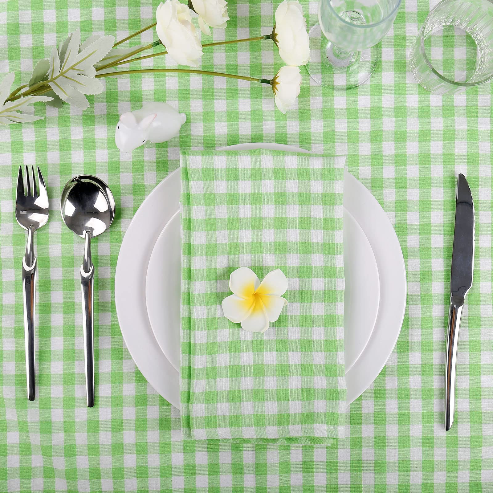 Buffalo Plaid Cloth Napkins Set Of 6, 18 X18 Inches Green White Cotton Washable Table Napkins, Reusable Gingham Cloth Dinner Nap
