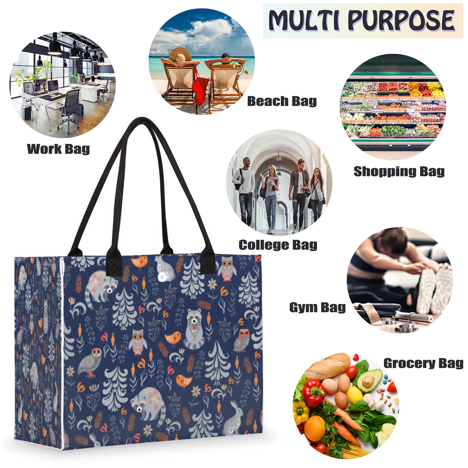 Beach Tote Bag Autumn Forest Animal Bird Raccoon Owl Rabbit Large Travel Bag Utility Tote Bag Women Shoulder Bag Reusable Grocer