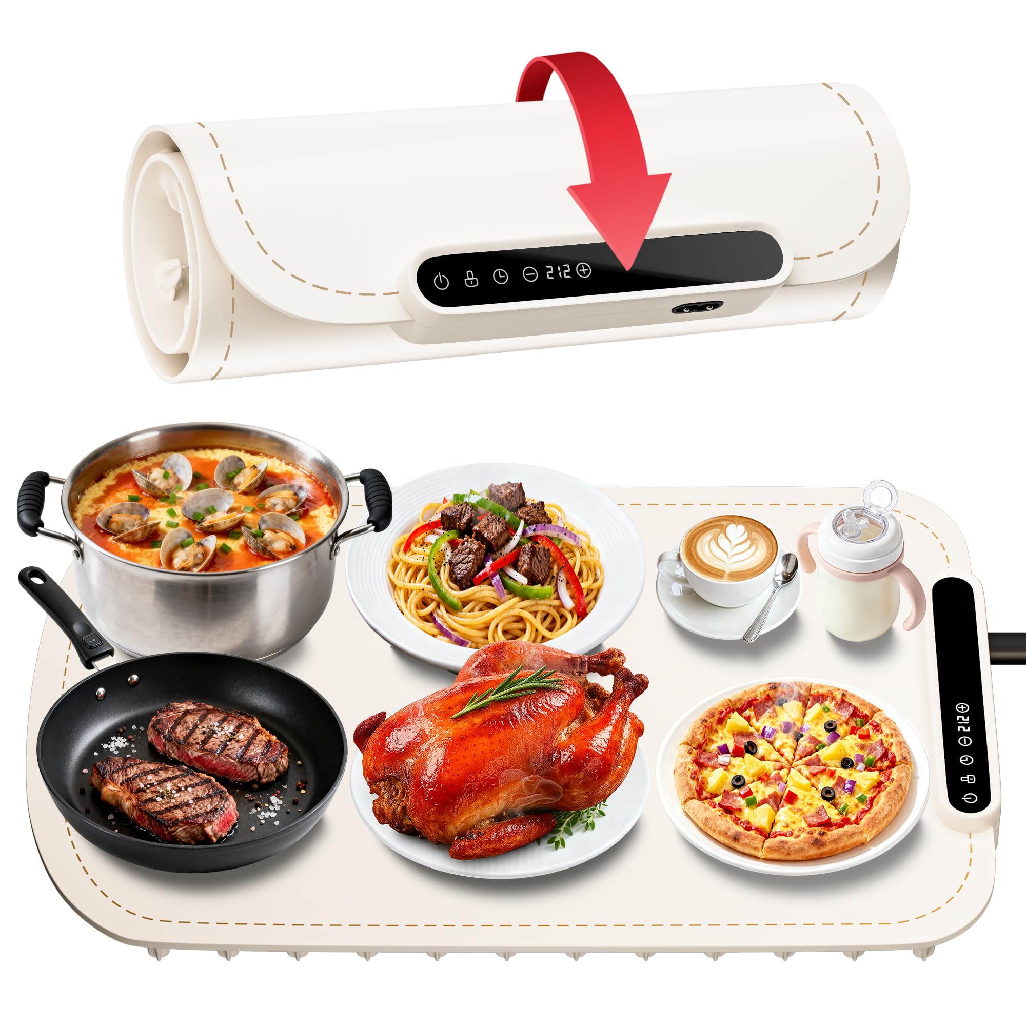 Warming Mat for Food, Upgraded Fast-Heating Electric Warming Tray with 7 Temp Levels & 8 Timers, Buffet Raised Feet & Rollable S