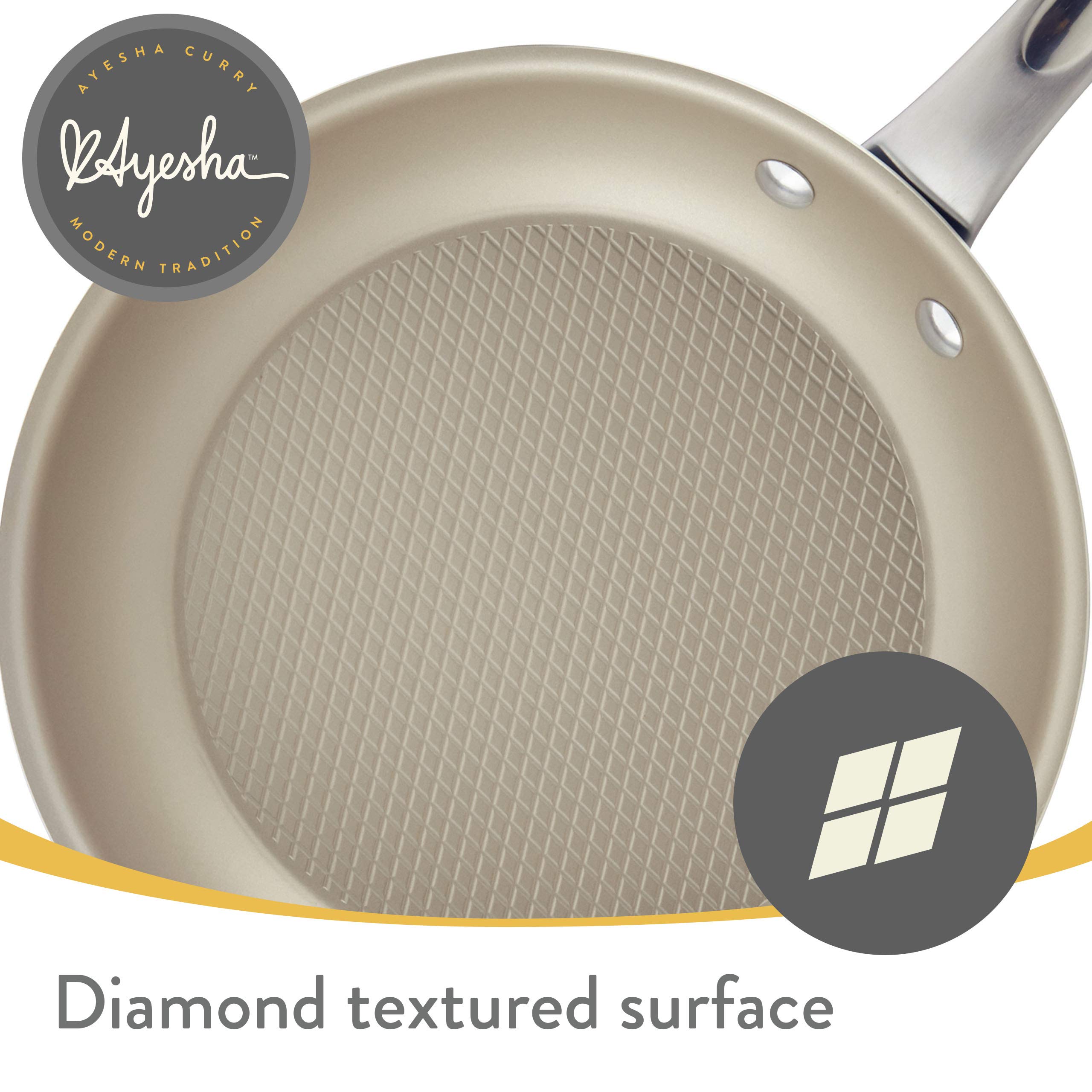 Ayesha Curry Nonstick Deep Skillet, 12 Inch Porcelain Enamel Frying Pan, Brown Sugar, Model 10764, Glass Lid, Helper Handle
