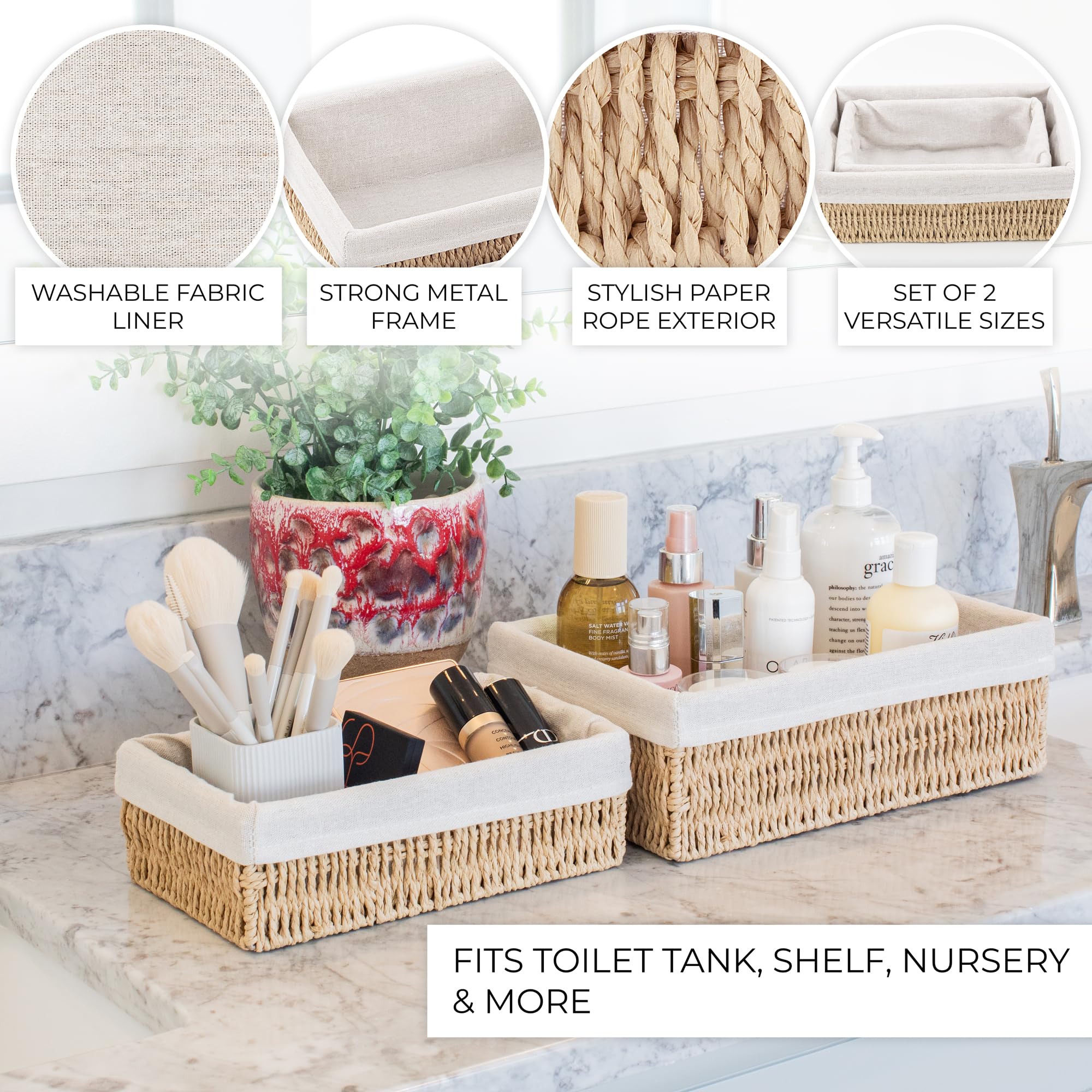 Beautiful Toilet Paper Storage Basket Set of 2 - Decorative Wicker Bathroom Organizer for Toilet Tank Trays - Quality Holder Bin