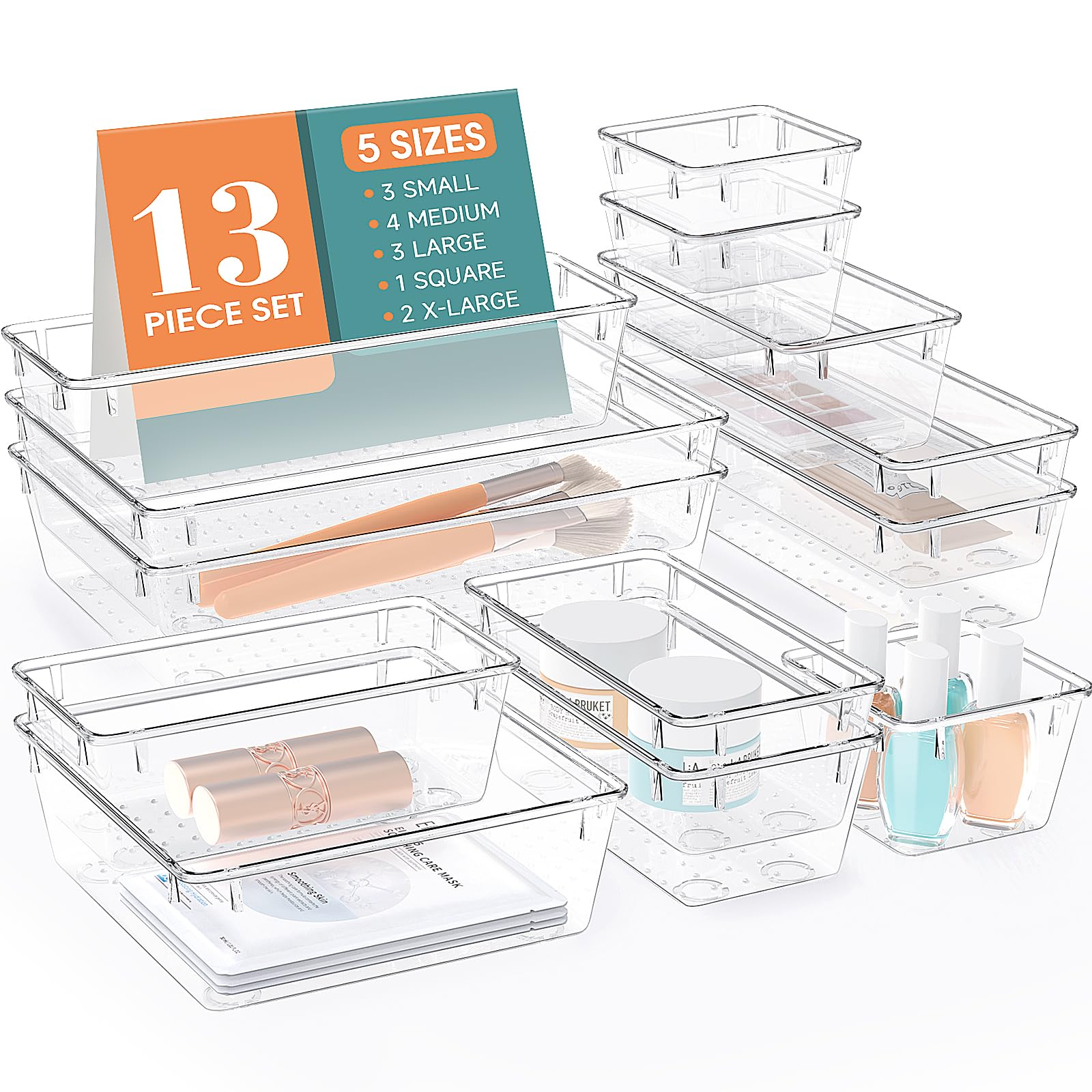StorMiracle 13 PCS Drawer Organizer Set, 5 Varied Size Bathroom and kitchen Drawer cabinet organizer Trays, Clear Storage Bins f