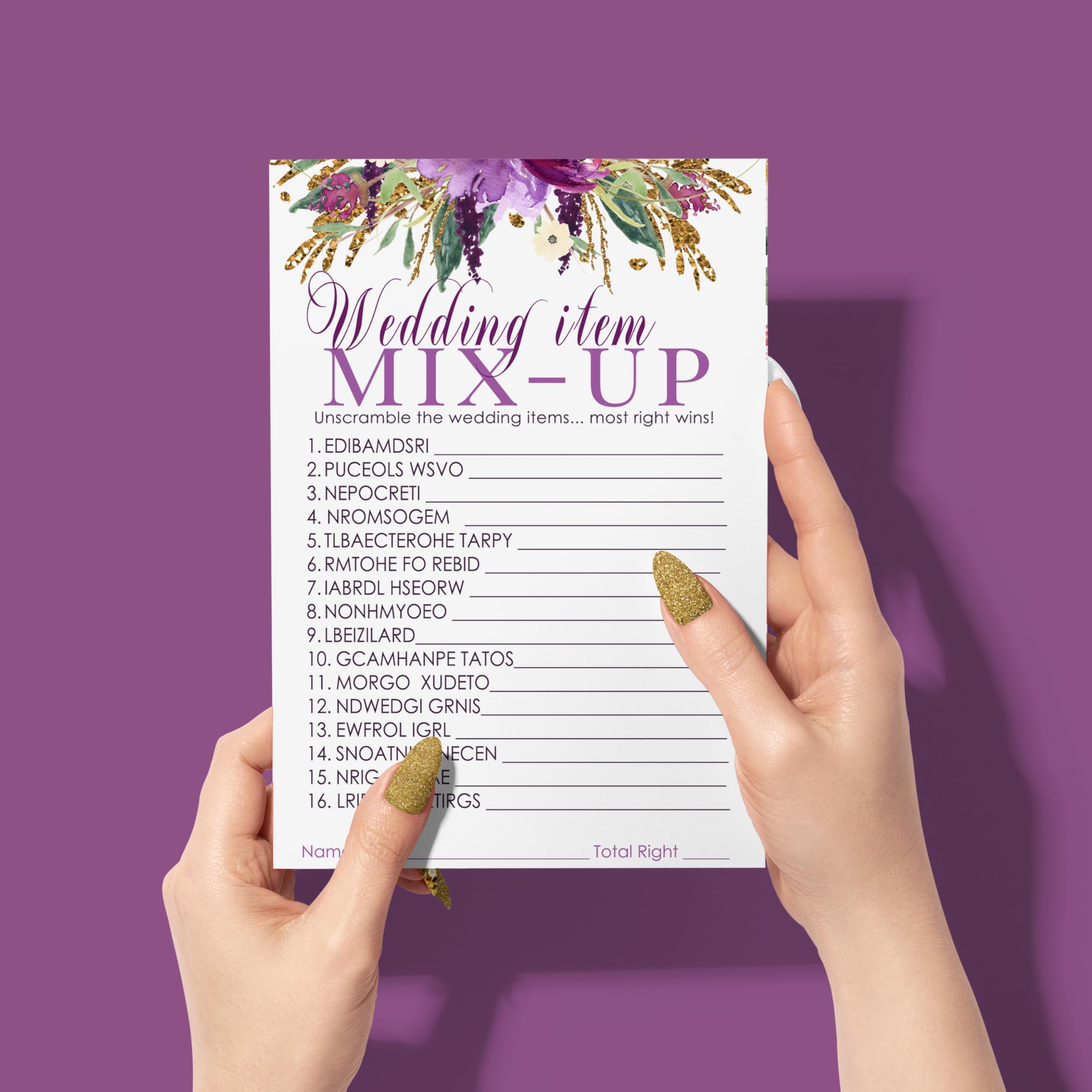 Purple Floral Bridal Shower Games - 25 Wedding Word Scramble Cards - Fun Guessing Activity For Engagement Parties And Rehearsal