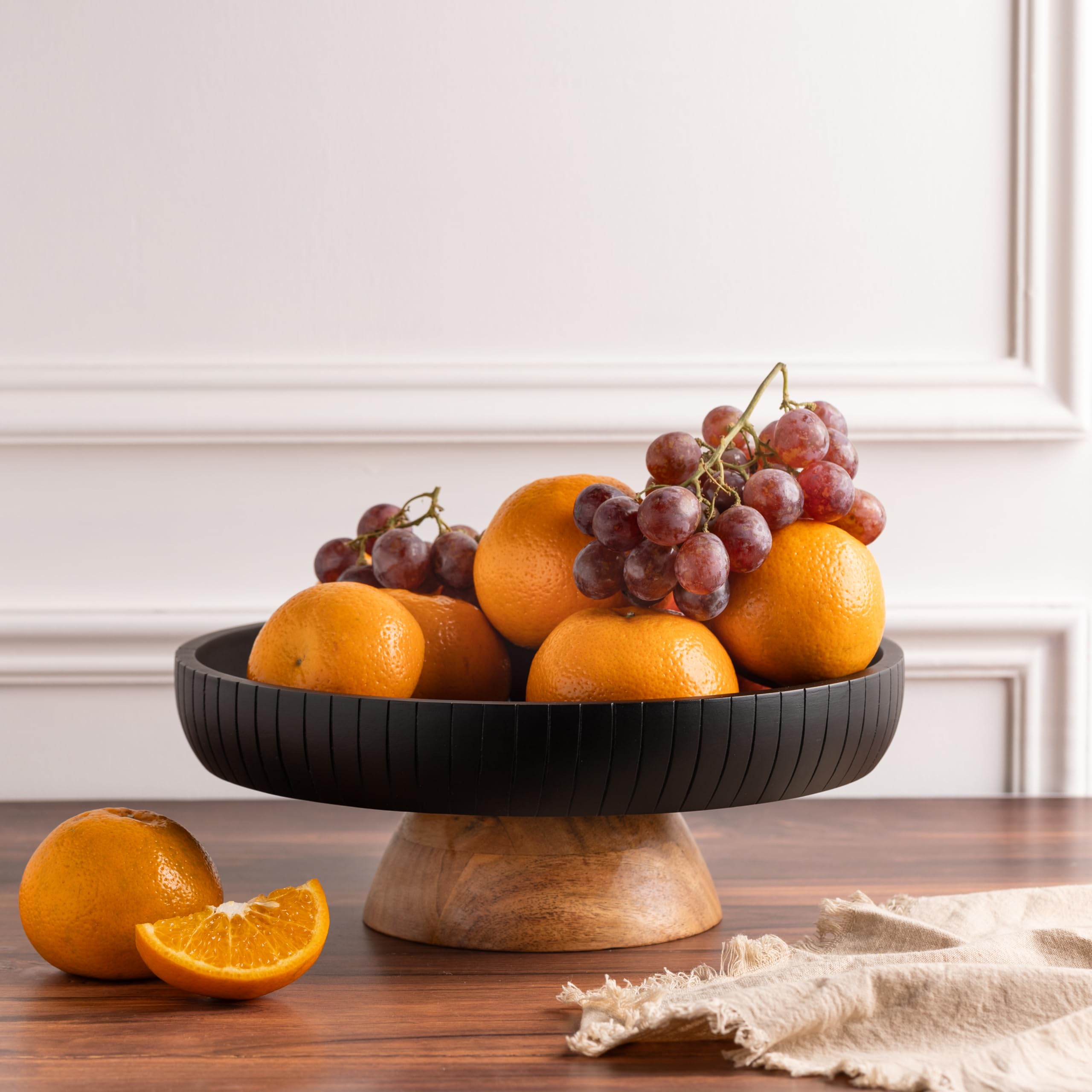 Lavauk Mango Wood Fruit Bowl, Decorative Black Bowl With Natural Finish Pedestal | 12'' Dia | Dual Tone Look | Use As Centerpiec