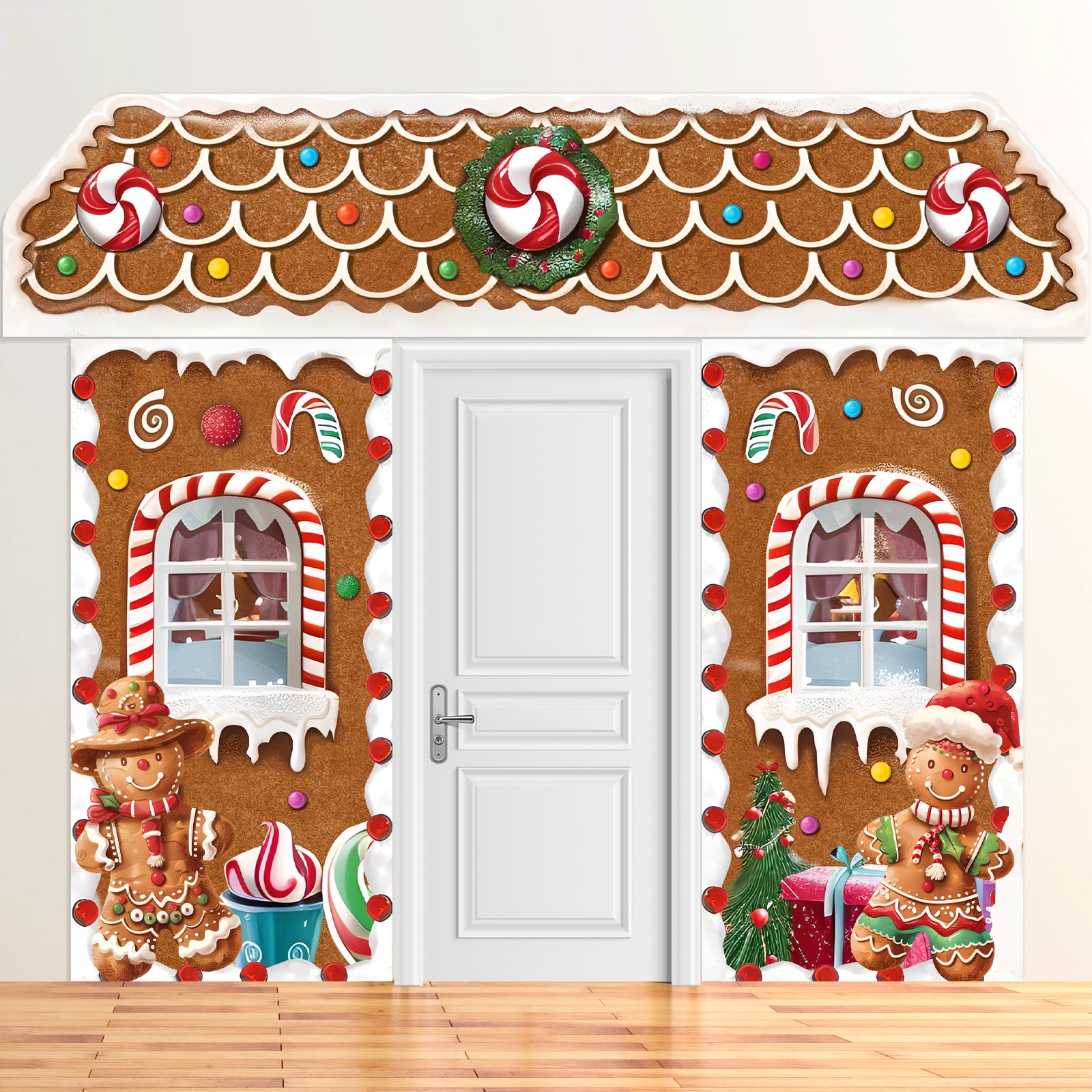 HunnmingRe 3 Pcs Christmas Gingerbread House Decorations Gingerbread Door Covers Backdrop Christmas Door Banners for Xmas Holida