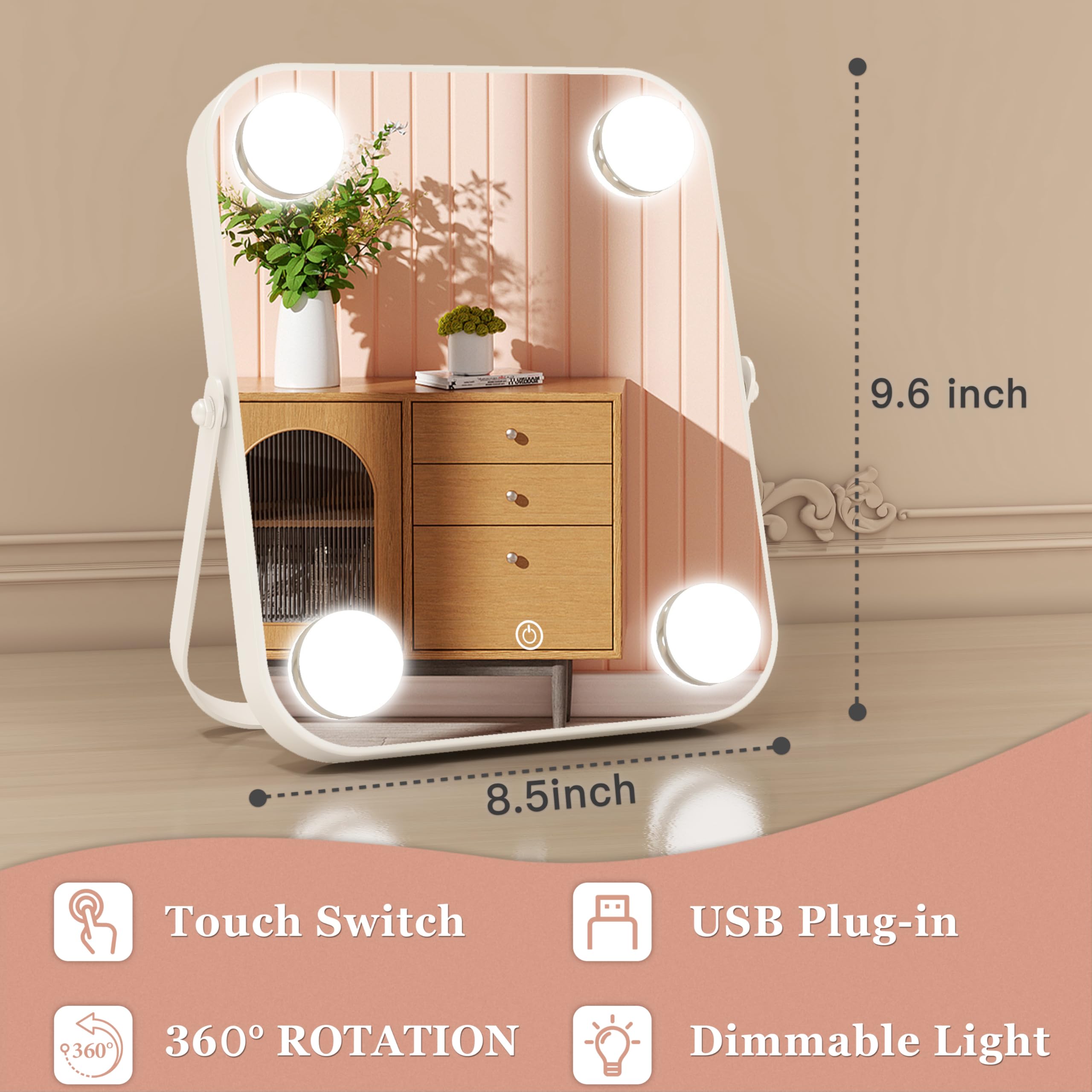 Rolove 8''X10'' Lighted Vanity Mirror, Makeup Mirror With Light, Dimmable Touch Screen, Portable Travel Mirror With U-Shaped Bra