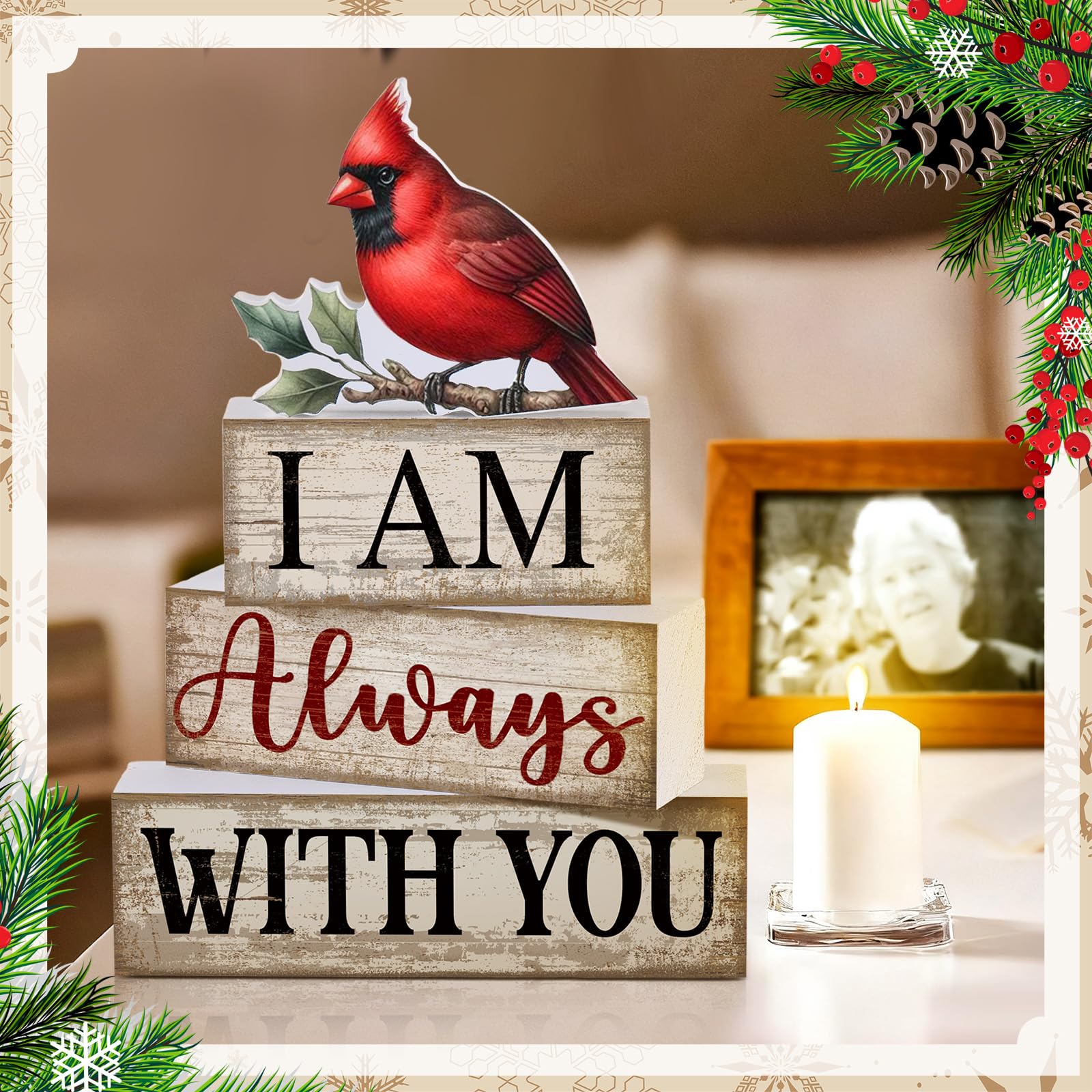 Yuntau 4 Pieces Christmas Cardinal Decorations Stacking Wooden Red Cardinal Christmas Tiered Tray Decor I Am Always with You Sig