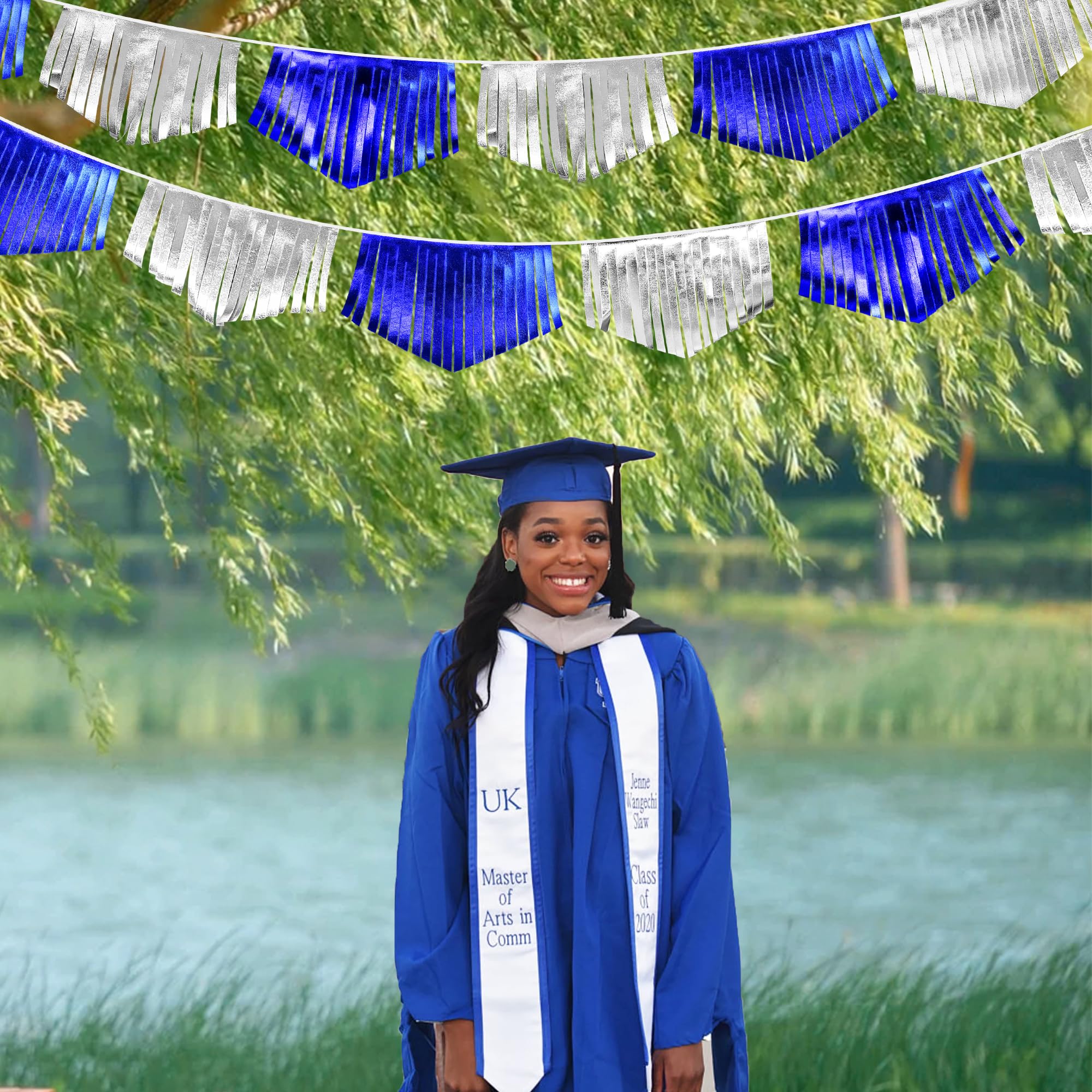 Royal Blue Silver Tassel Banner Metallic Fabric Pennant Bunting Flag For Graduation Birthday Retirement Bachelorette Engagement