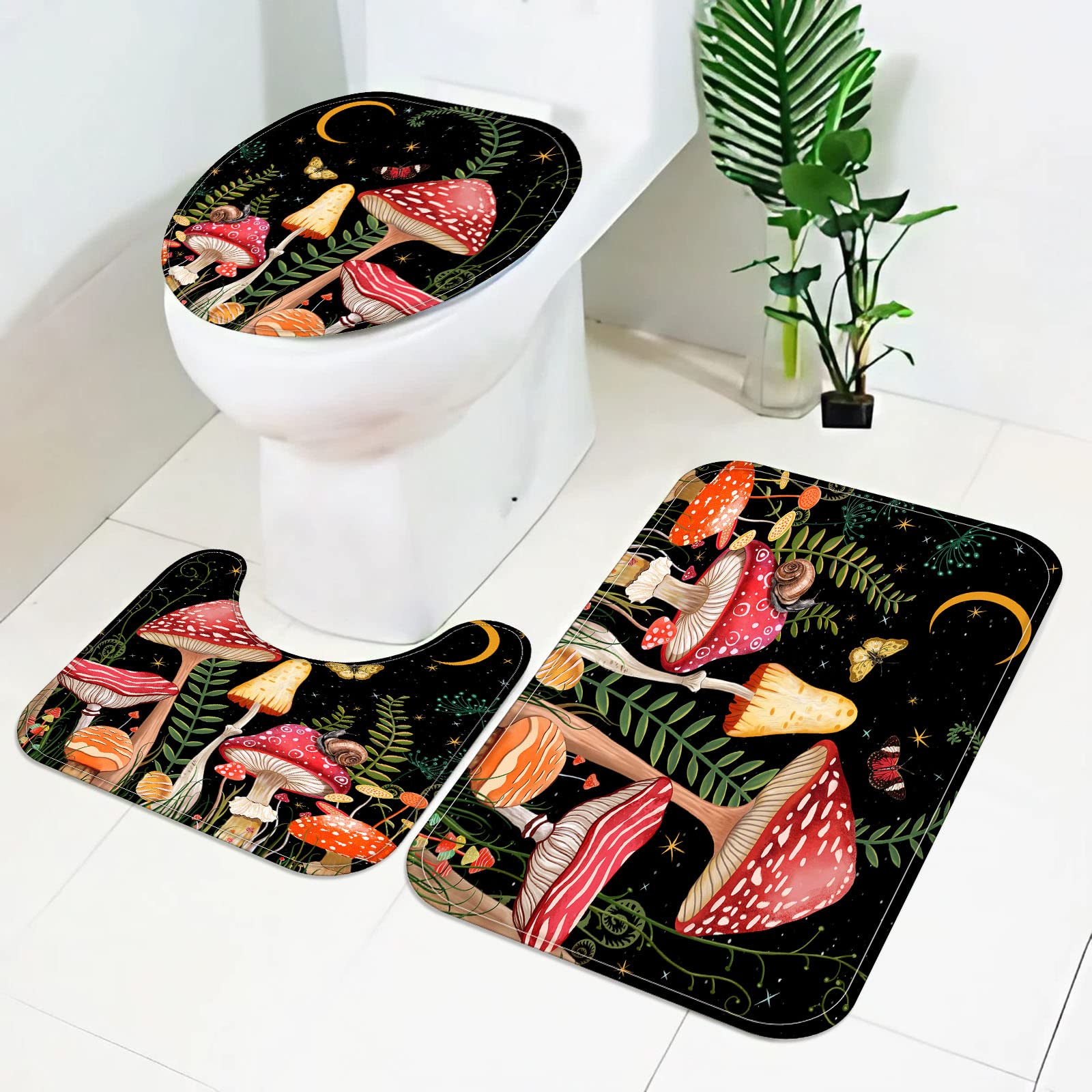 Fungarth 4 Pcs Mushroom Shower Curtain Set With Rug Black Red Floral Bathroom Sets With Waterproof Fabric Shower Curtain And Non