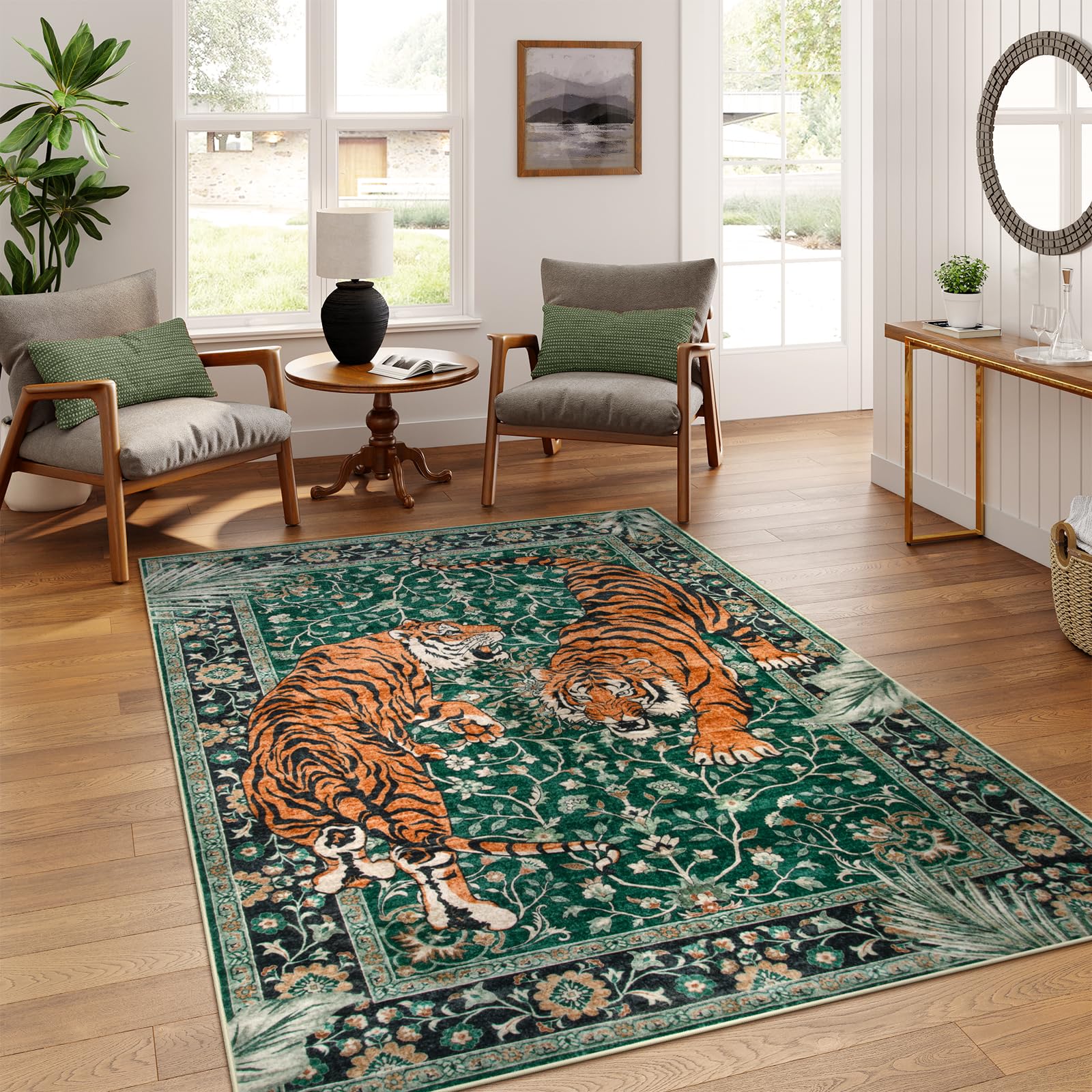 Moynesa Tiger 5x7 Area Rug, Boho Washable Living Room Rug, Non Slip Green Rugs for Bedroom, Ultra Thin Vintage Soft Stain Resist