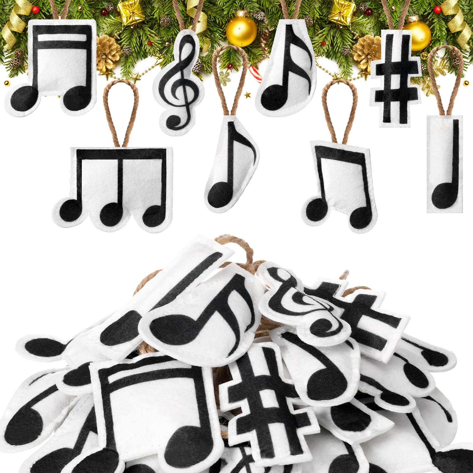 Hahafelt 24 Pcs Musical Note Christmas Ornament Musical 3D Felt Hanging Ornaments Treble Clef Forth Eighth Sixteenth Note Sign D