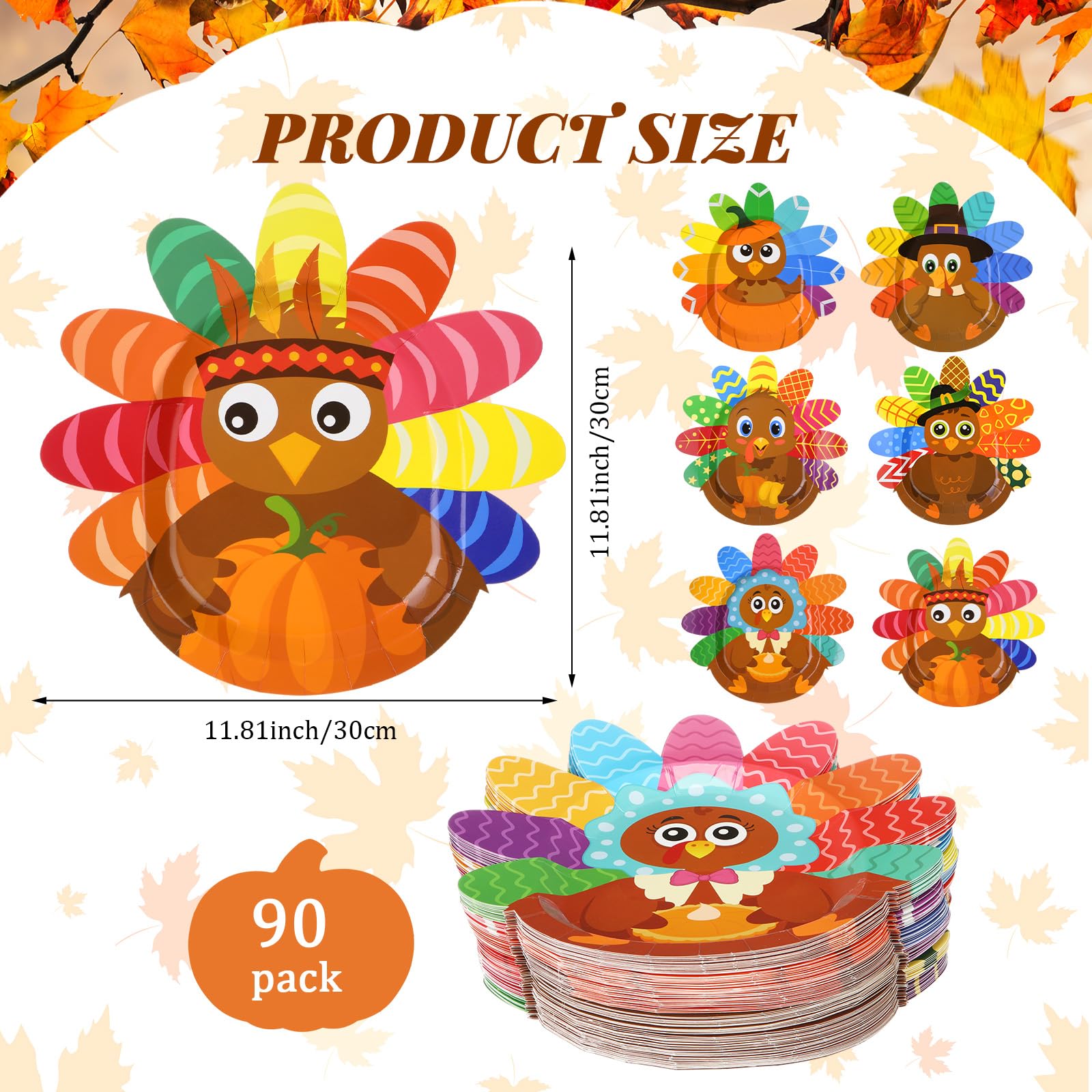 Umigy 90 Pcs Thanksgiving Paper Plates Fall Turkey Disposable Plates Fall Party Dinnerware Turkey Pattern Decorative Tableware f
