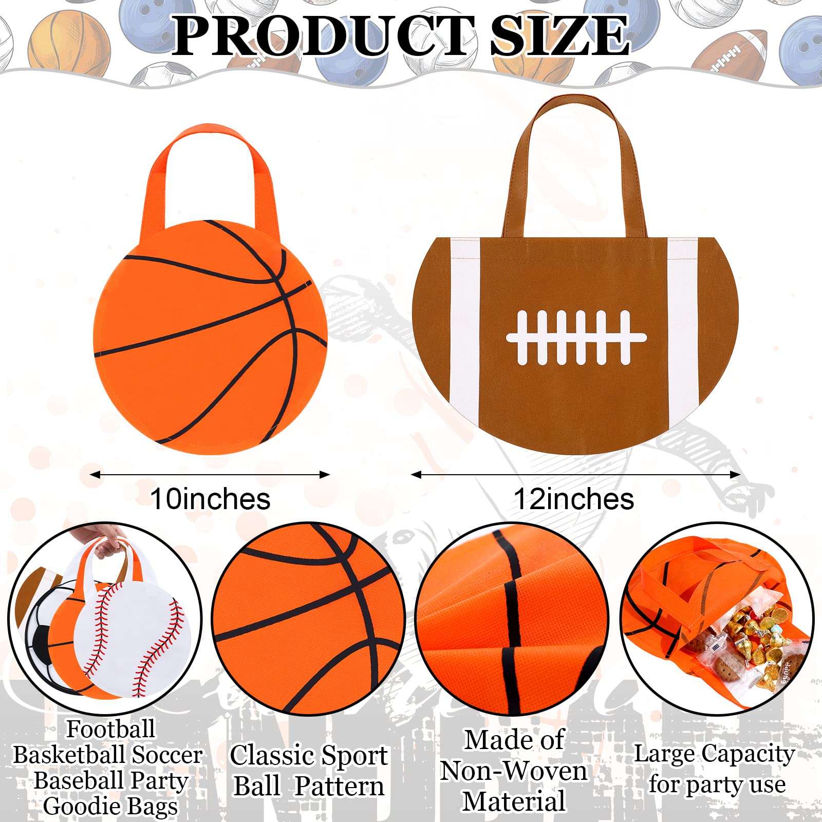 Shihanee 24 Pcs Sport Party Favor Bags Ball Themed Party Goody Candy Bags Sport Game Treat Handbags Baseball Football Basketball