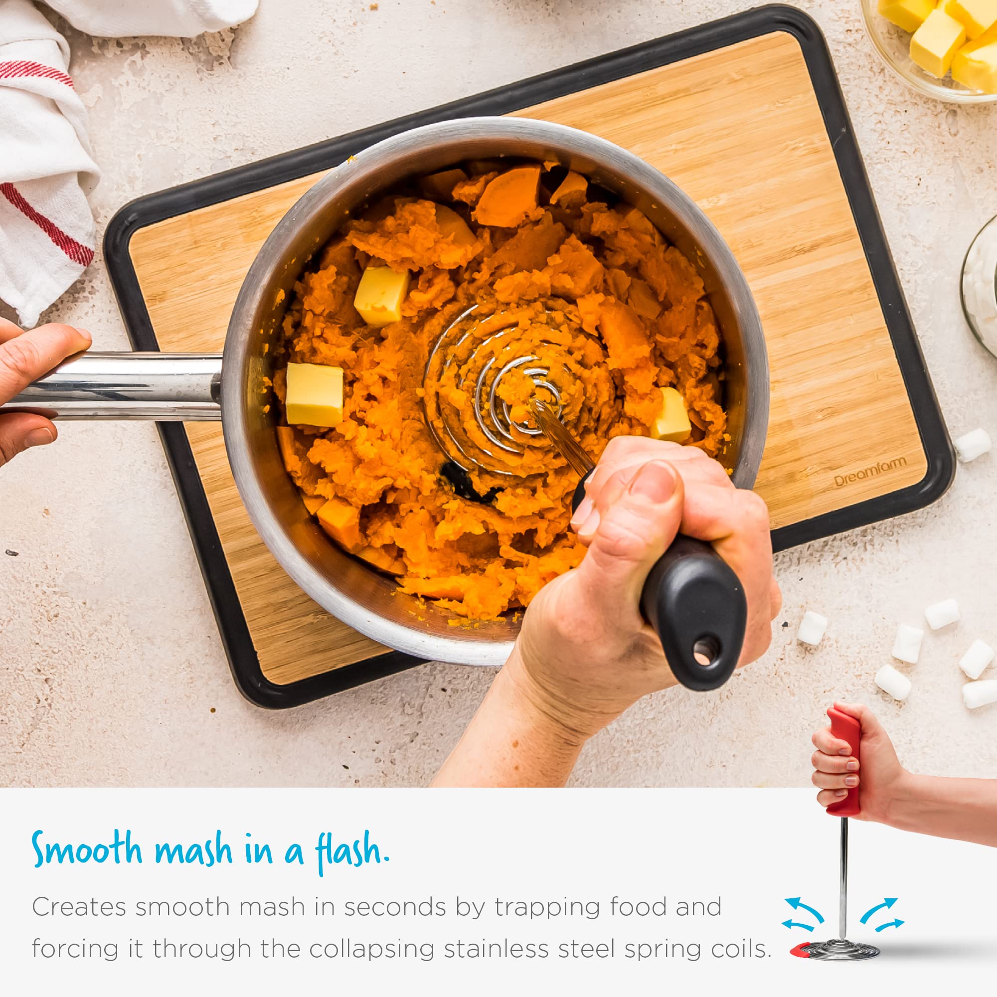 Dreamfarm Smood | One-Handed Stainless-Steel Vegetable & Potato Masher With Soft Grip And Bowl Scraper | Black