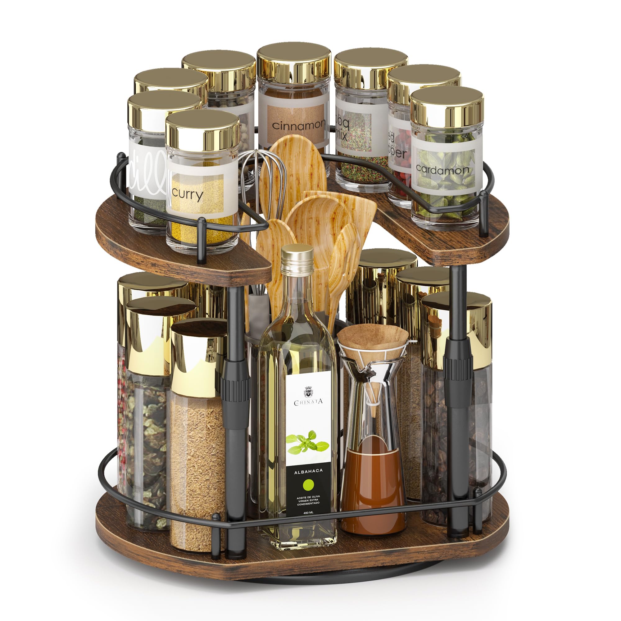 Lazy Susan Spice Rack Organizer With Adjustable Height, 2Tiers Rotating Countertop Seasoning Organizer For Tall Bottle, Spining