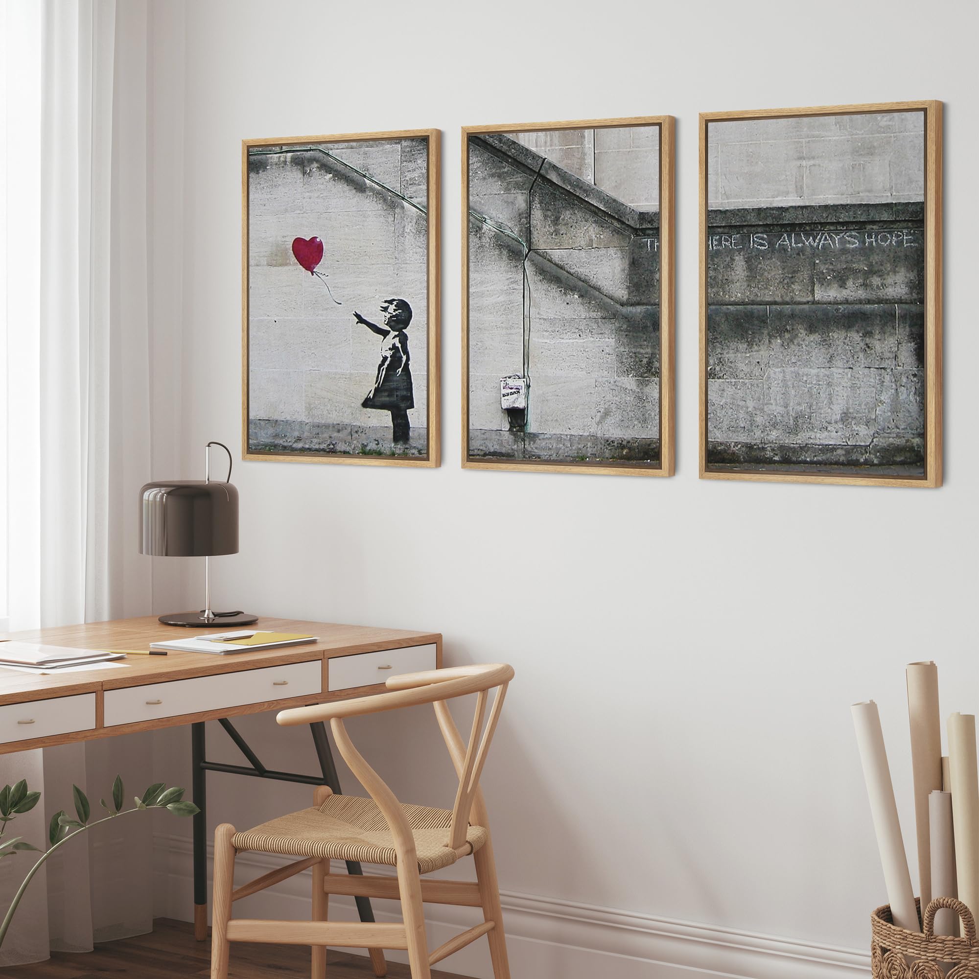 Wall26 - 3 Piece Framed Canvas Wall Art - There Is Always Hope - Girl And Red Heart Balloon - Street Art - Guerilla - Modern Hom