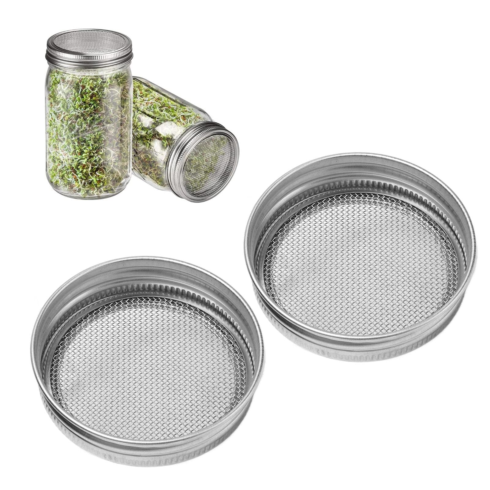 Sprouting Lids, 2Pcs Multi-Purpose Tea Coffee Filter Household Stainless Steel Seeds Sprouting Lids For Mason Jar, Wide Mouth Ma