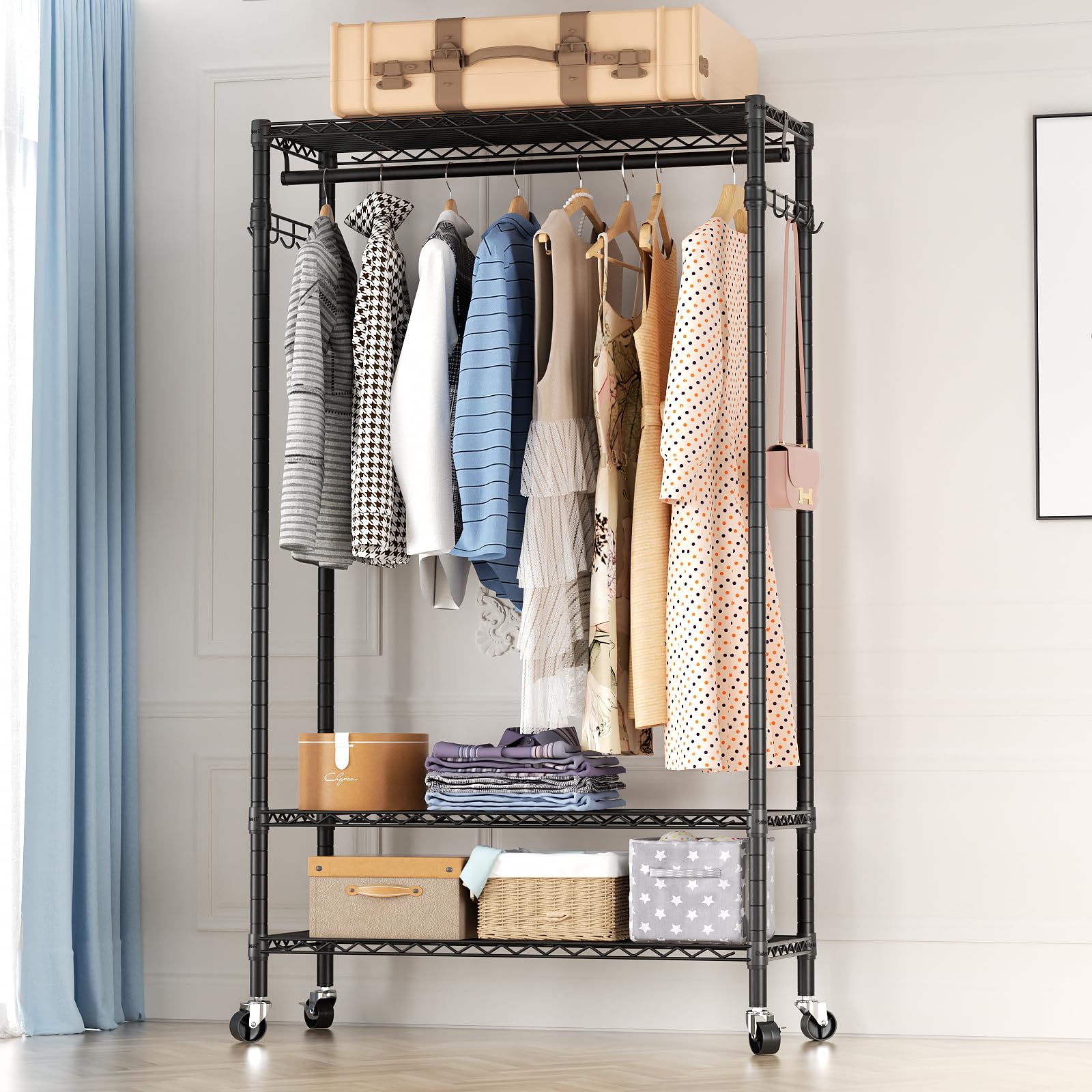Heavy Duty Clothes Rack Rolling Garment Rack,3 Tier Adjustable Wire Shelving Clothing Racks For Hanging Clothes With Hanger Rod&