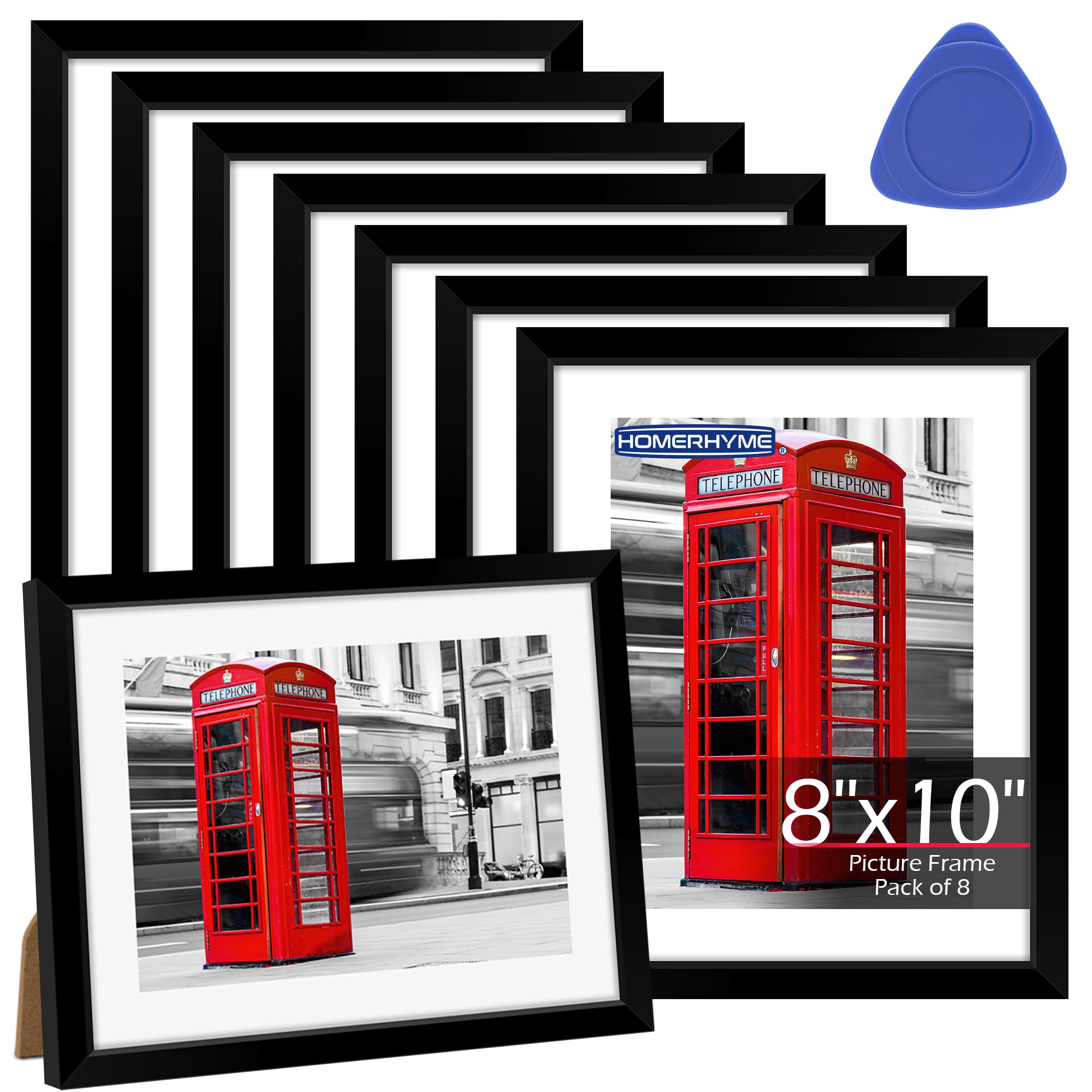 HOMERHYME 8x10 Picture Frame Set of 8, Black Photo Frames for Gallery Wall Mounting or Table Display, Display Pictures 5x7 with 