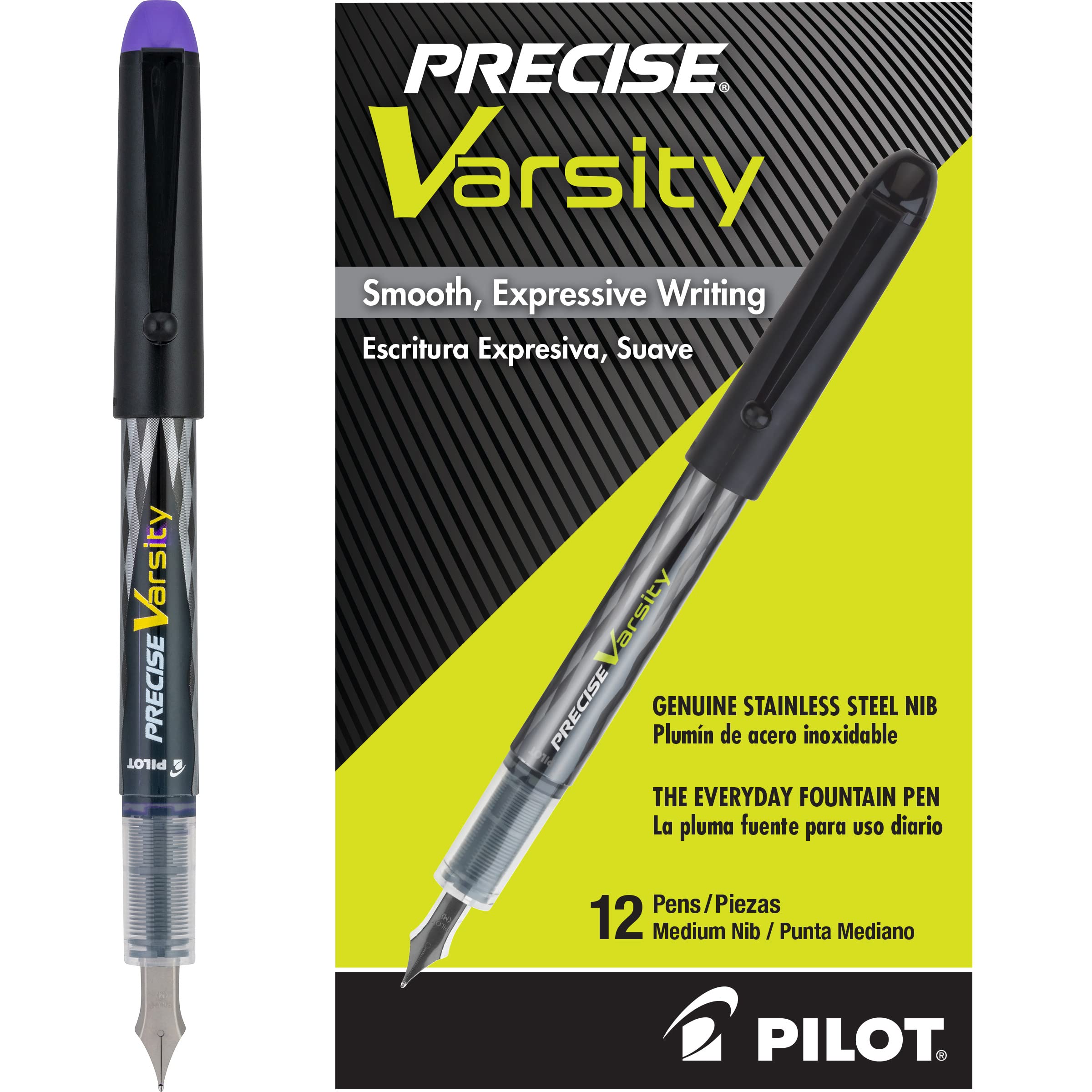 Pilot, Precise Varsity Pre-Filled Fountain Pens, Medium Point 1 MM Stainless Steel Nib, Purple, 12-Pack