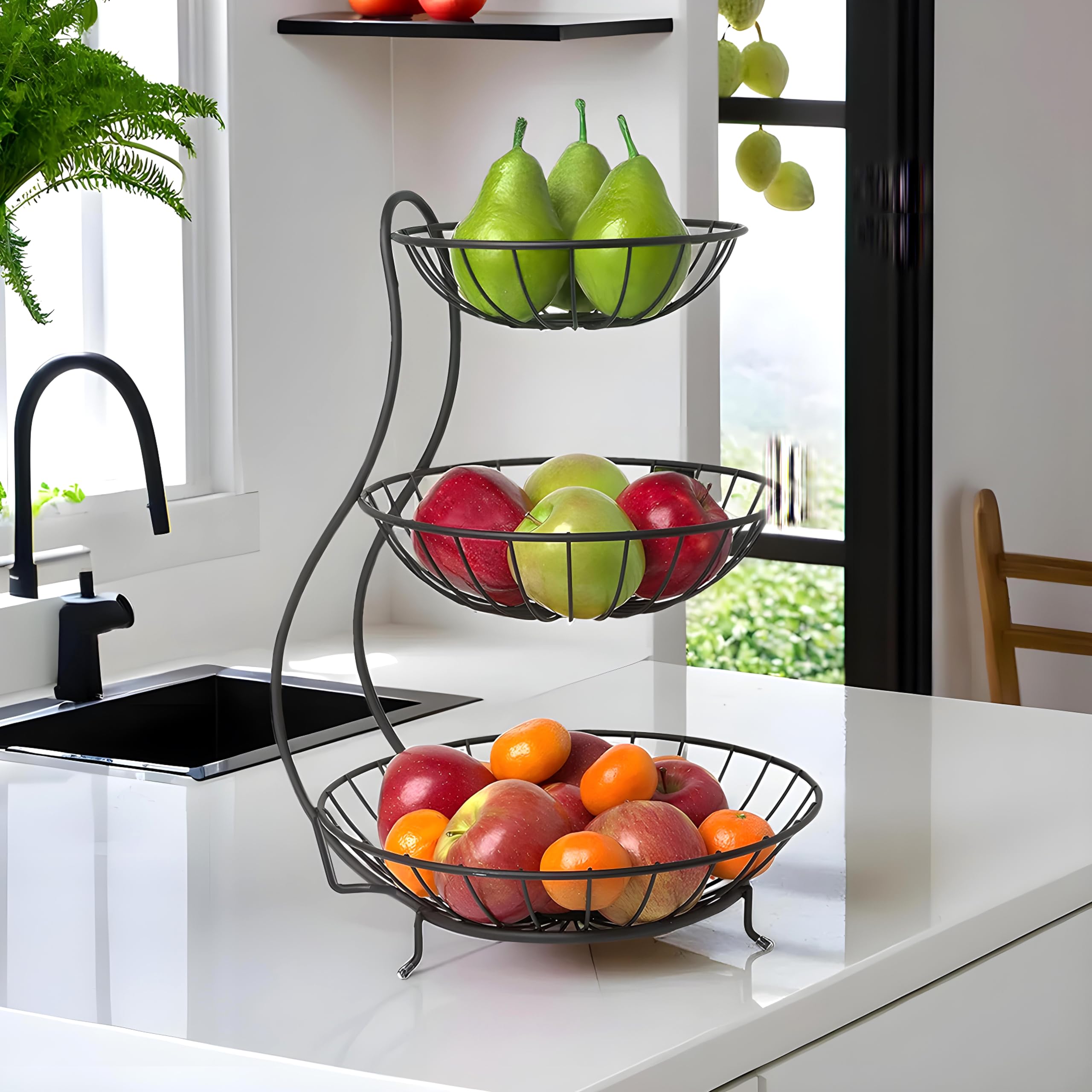 Kuber Industries 3-Layer Metal Fruit Basket For Dining Table - Vegetable & Banana Organizer Storage Rack/Bowl For Kitchen - Blac