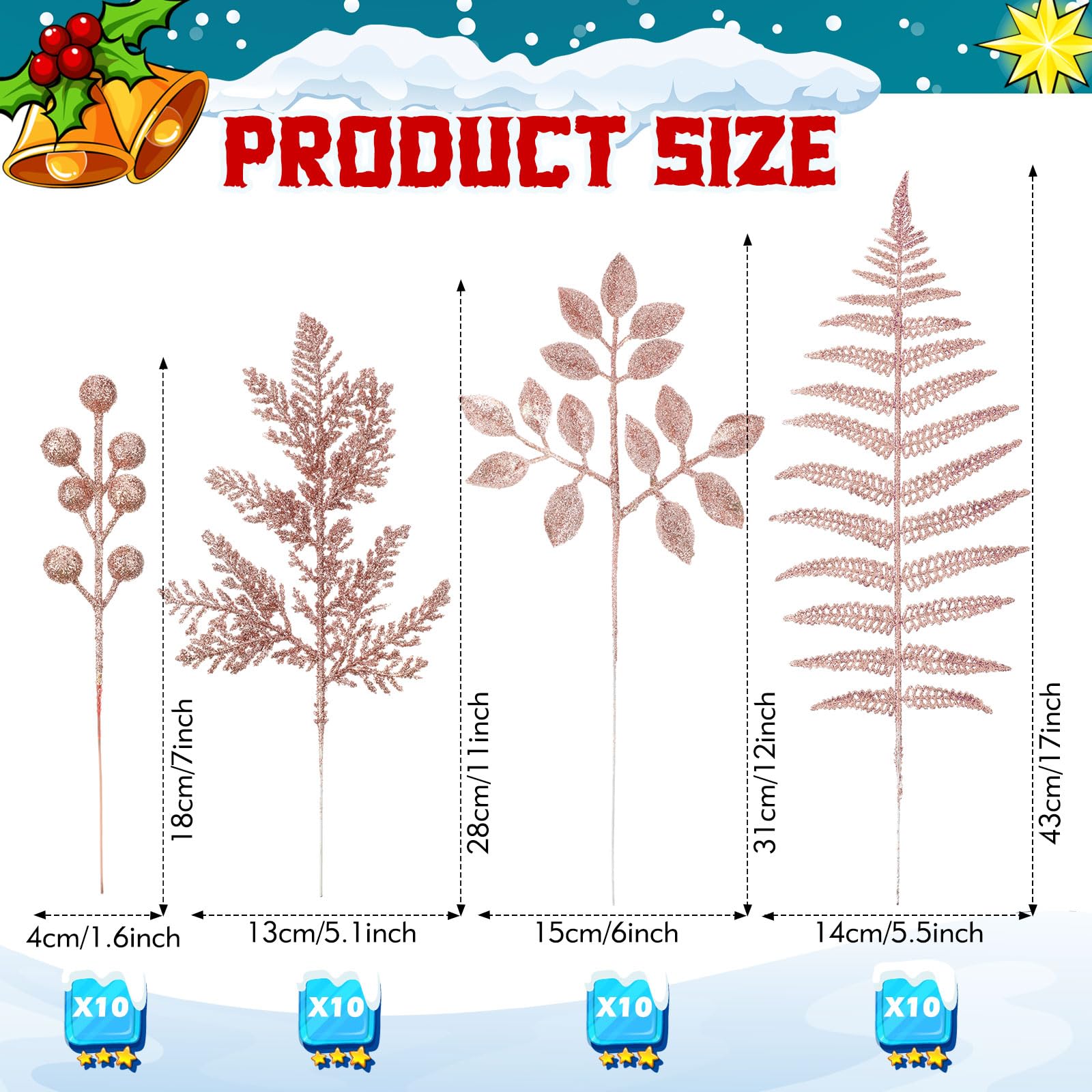 Moucuny 40 Pcs Christmas Glitter Artificial Picks Set Christmas Leaf Sprays Cedar Picks Glitter Berries Stems Tropical Leaf Pine