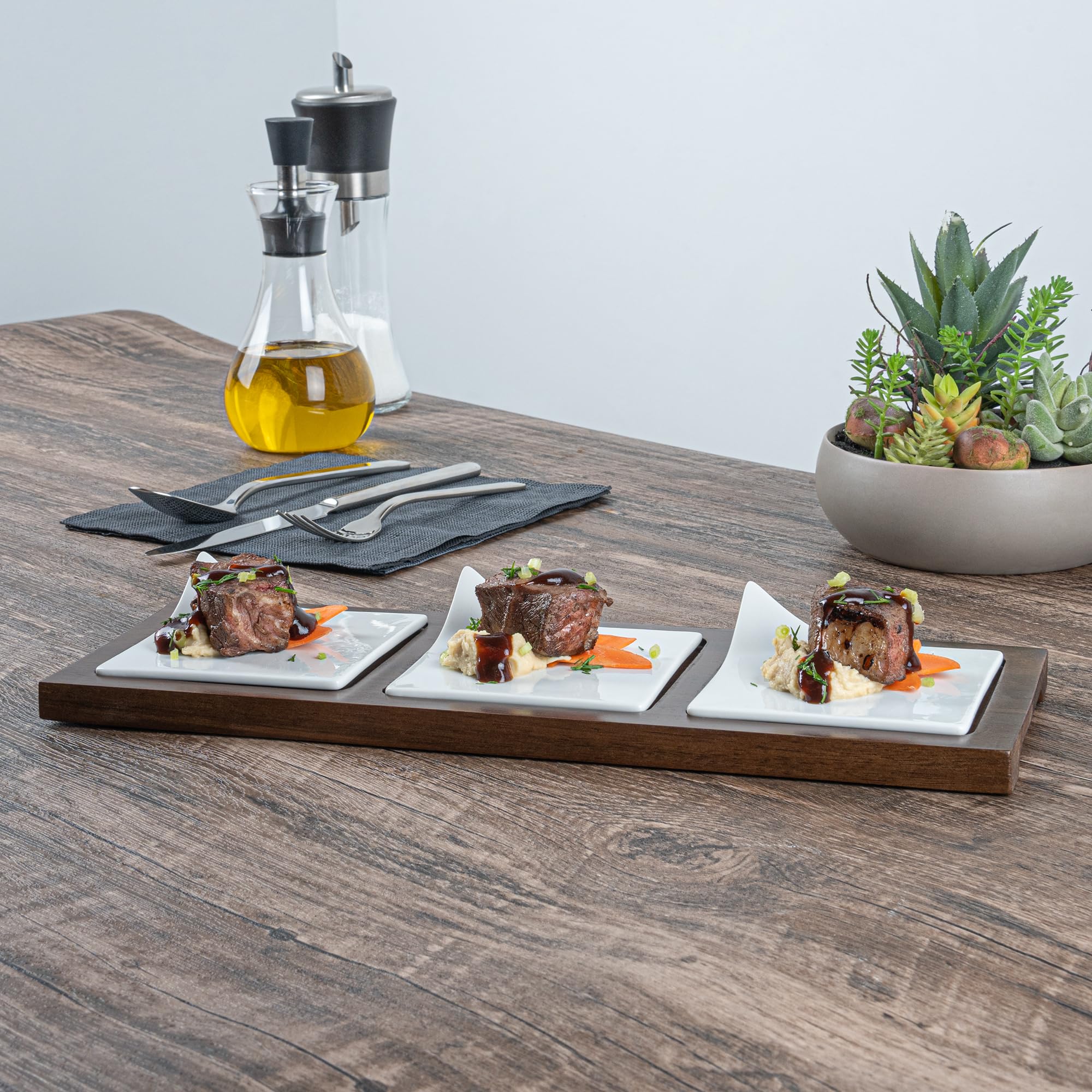 Restaurantware 14.2 X 5.1 X 1.5 Inch Square Plate Set With Tray - 1 Dishwashable Serving Tray Set Includes 3 Porcelain Plates An