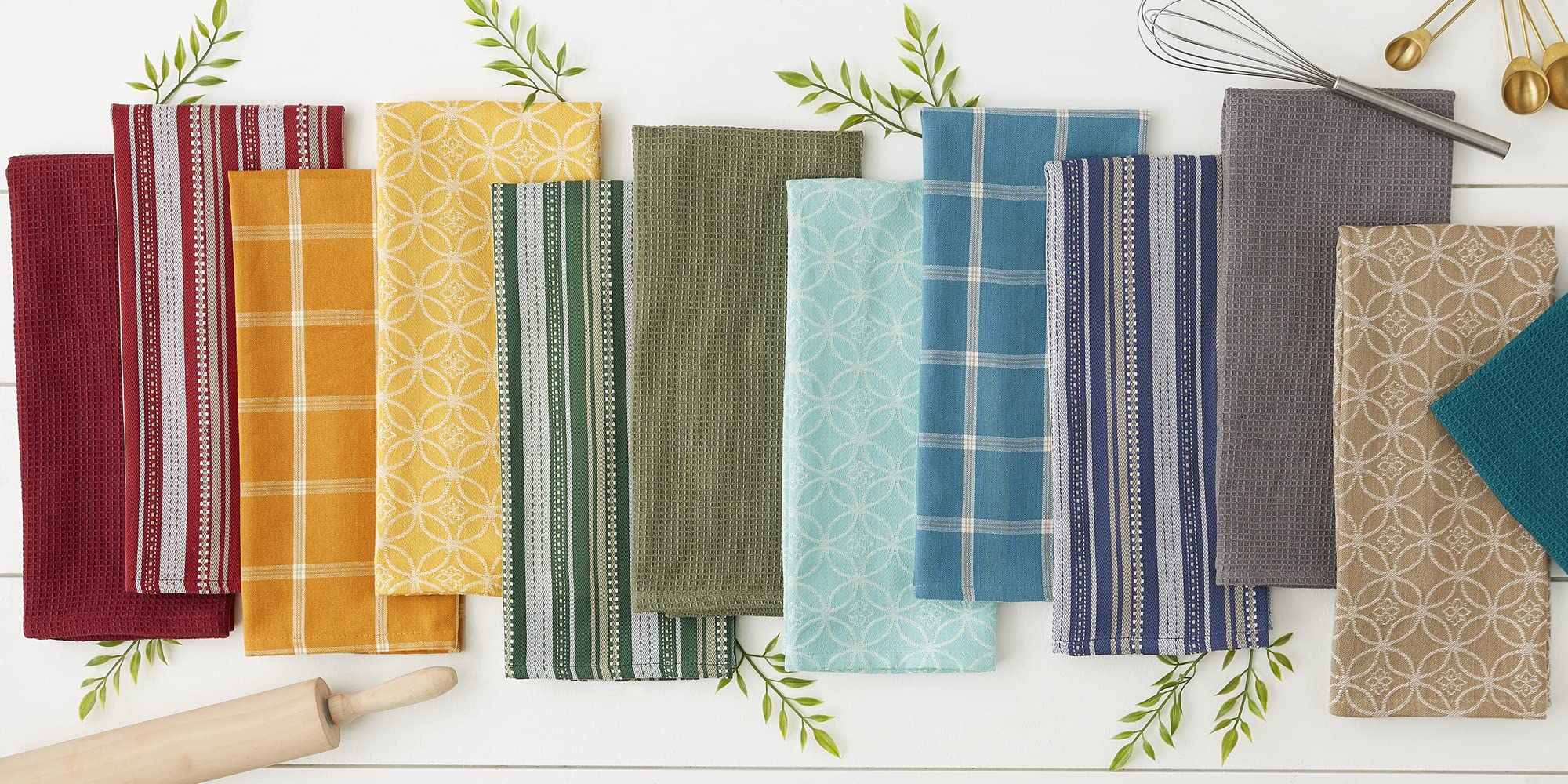 Dii Assorted Woven Kitchen Set, Dishtowel, 18X28, Dishcloth, 13X13, Dark Green, 5 Piece