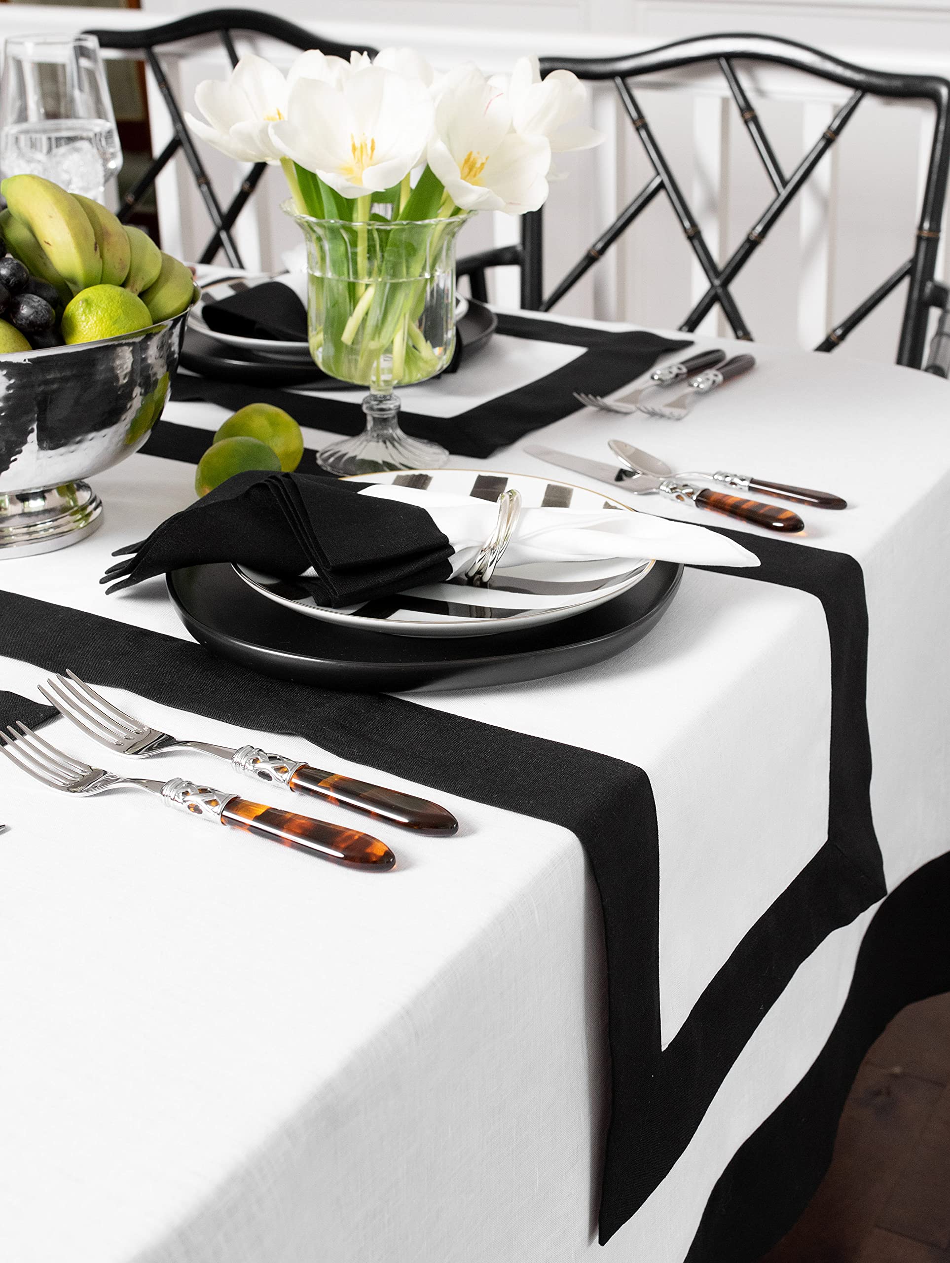Solino Home Linen Tablecloth 60 x 90 Inch - 100% Pure Linen Black and White Tablecloth for Spring  Summer  Indoor  Outdoor - Contempo  Handcrafted from European Flax and Machine Washable