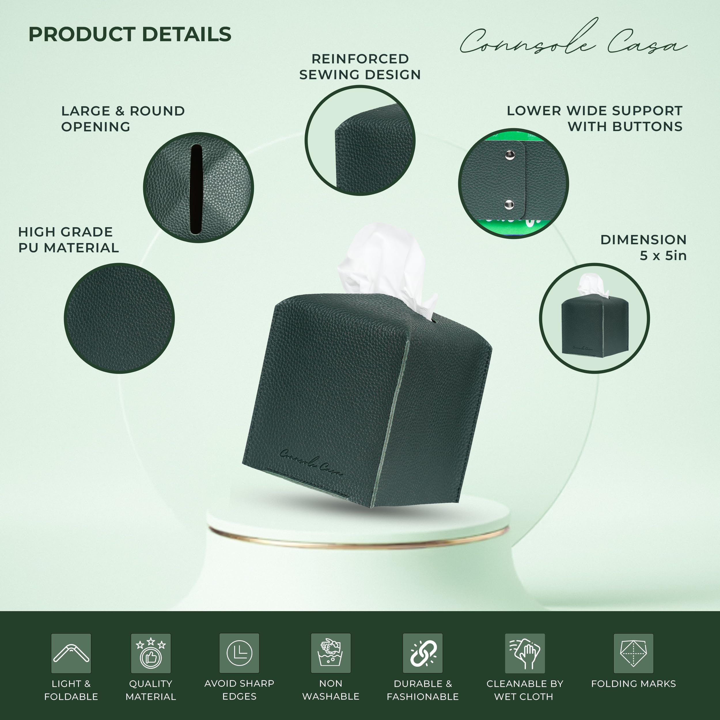 Connsole Casa Premium Pu Leather Tissue Box Holder - Elegant Hotel-Style Dark-Green Tissue Box Cover Enhanced D  Cor Of Home, Of